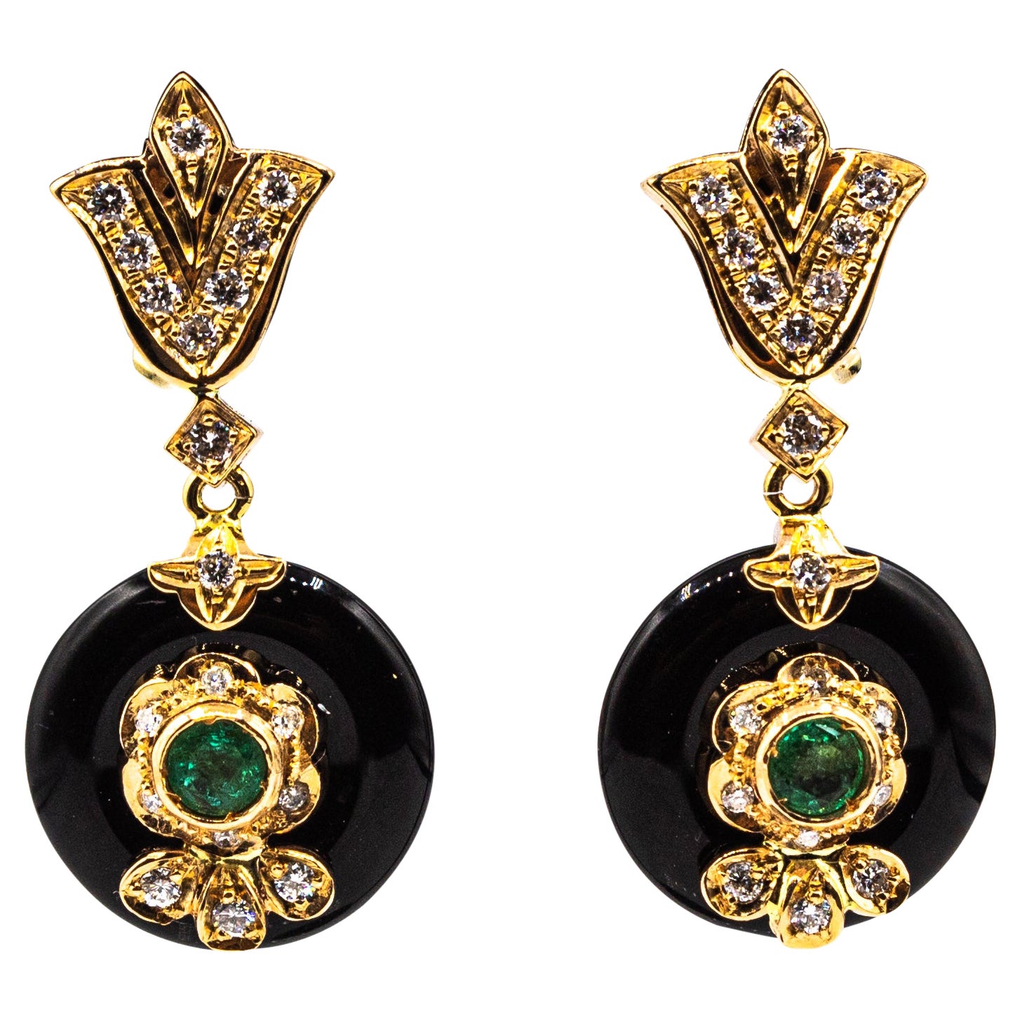 Art Deco Style White Diamond Emerald Handcut Onyx Yellow Gold Clip-On Earrings