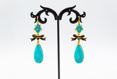 Art Deco Style White Diamond Emerald Natural Turquoise Yellow Gold Drop Earrings