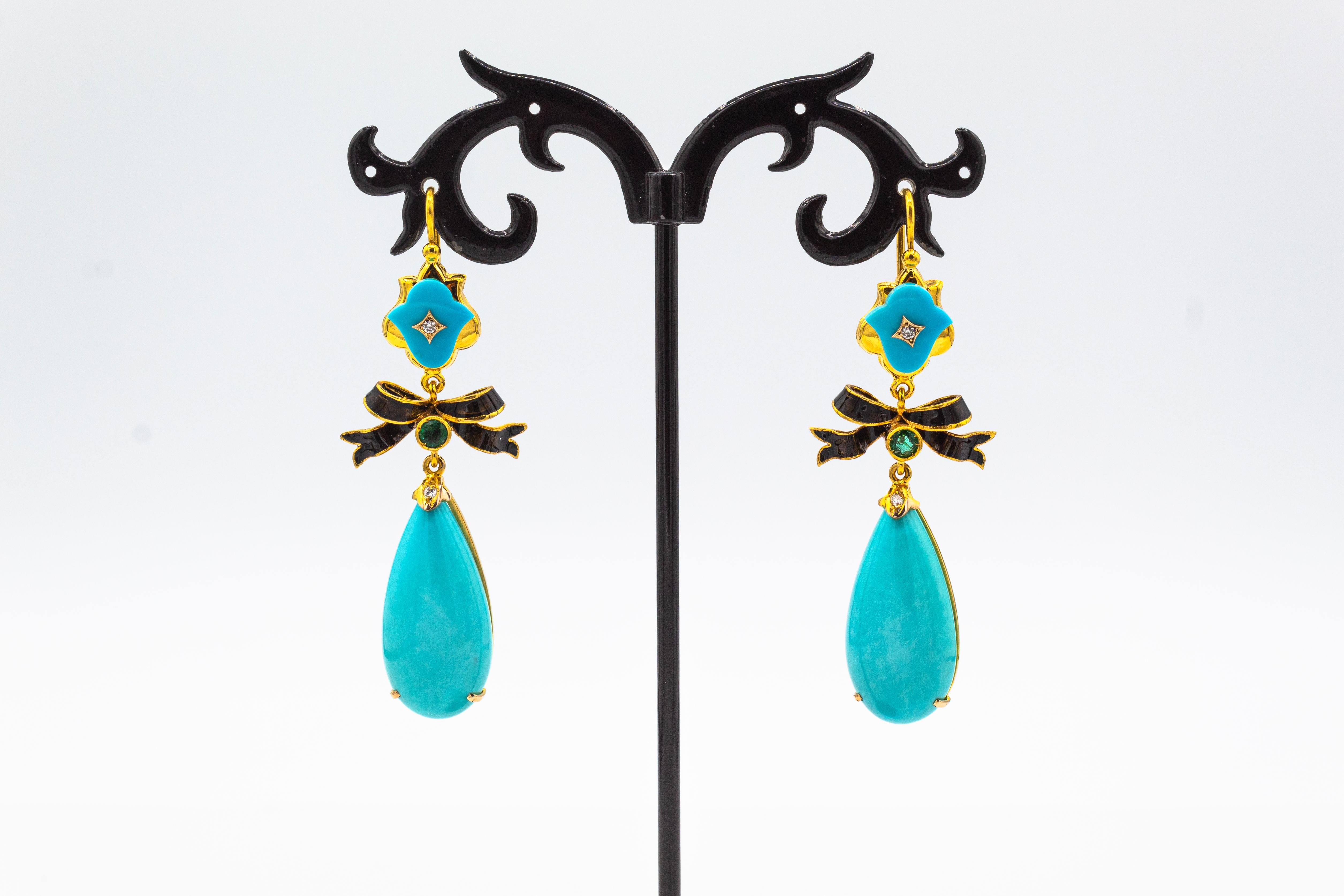 Taille brillant Boucles d'oreilles pendantes de style Art déco en or jaune avec diamant blanc, émeraude, turquoise naturelle et émeraude en vente