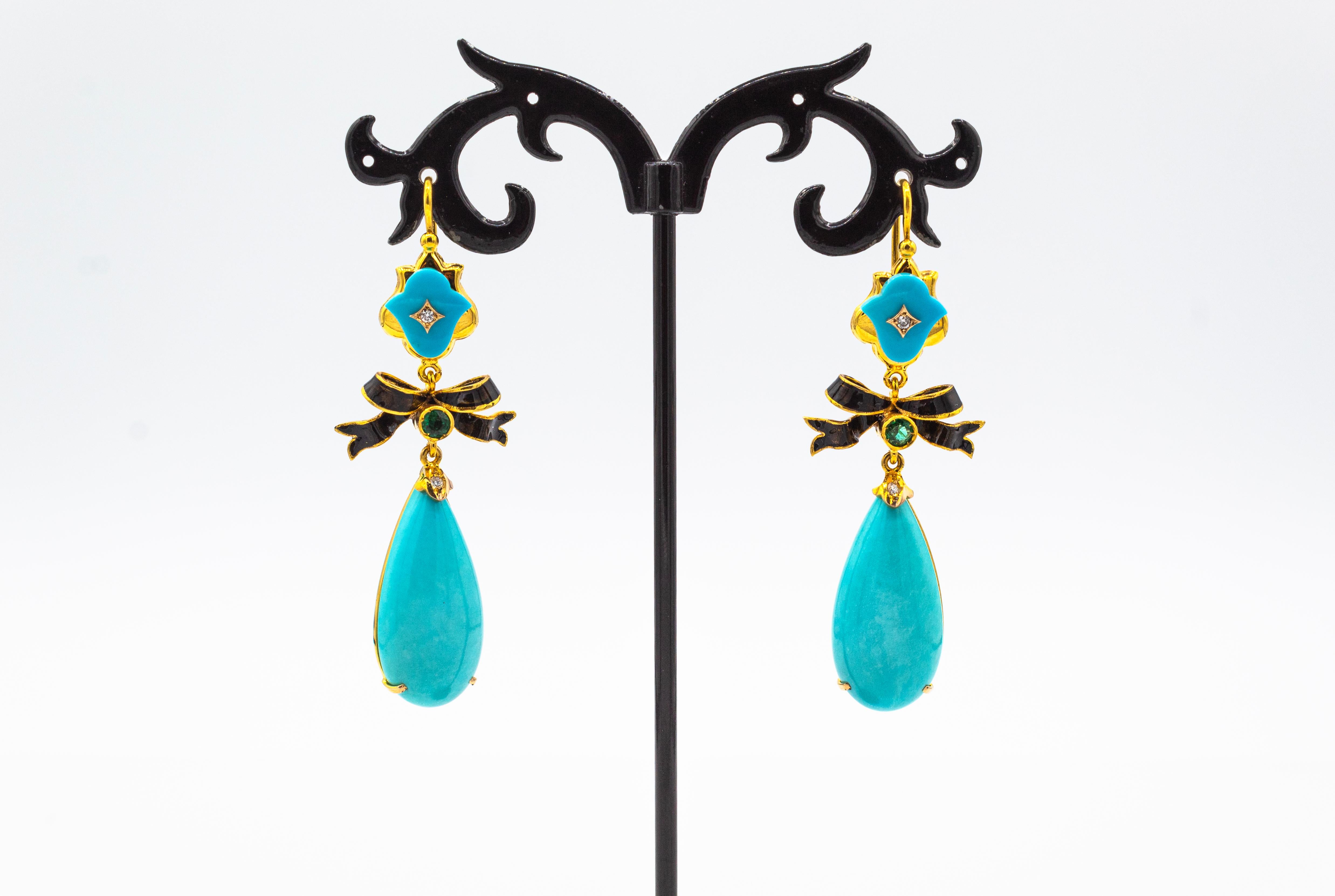 Boucles d'oreilles pendantes de style Art déco en or jaune avec diamant blanc, émeraude, turquoise naturelle et émeraude Neuf - En vente à Naples, IT