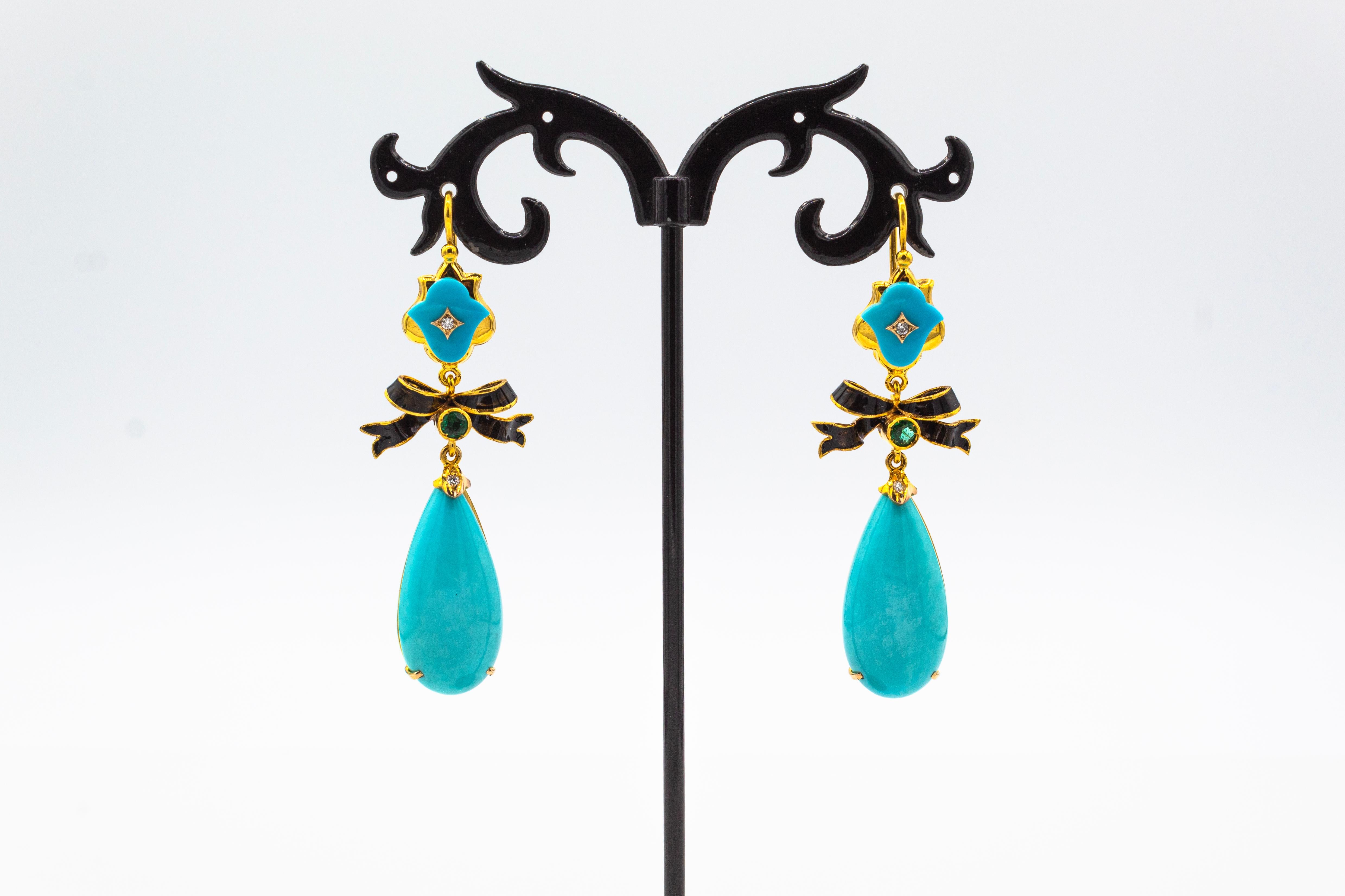 Boucles d'oreilles pendantes de style Art déco en or jaune avec diamant blanc, émeraude, turquoise naturelle et émeraude Unisexe en vente