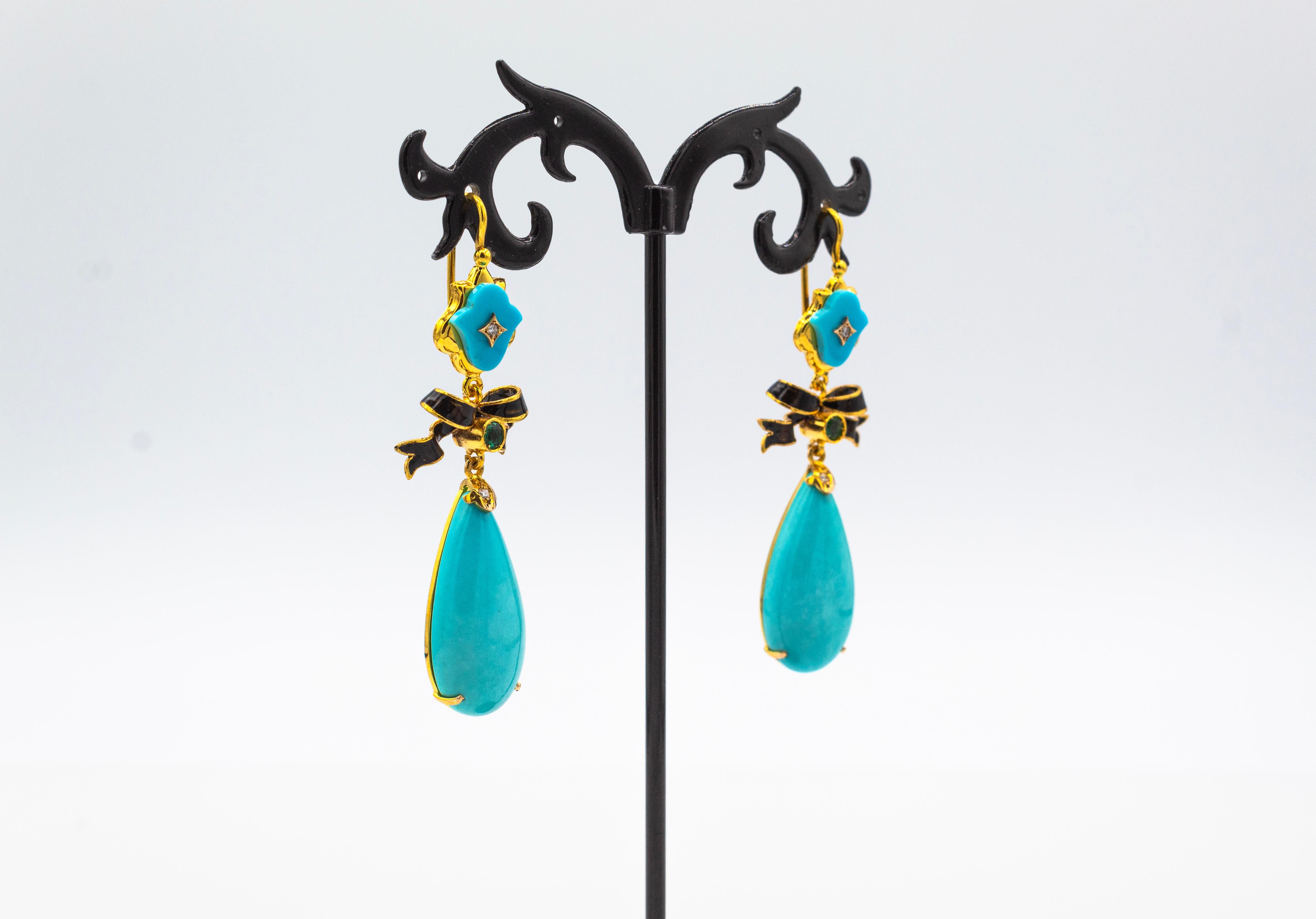 Boucles d'oreilles pendantes de style Art déco en or jaune avec diamant blanc, émeraude, turquoise naturelle et émeraude en vente 1