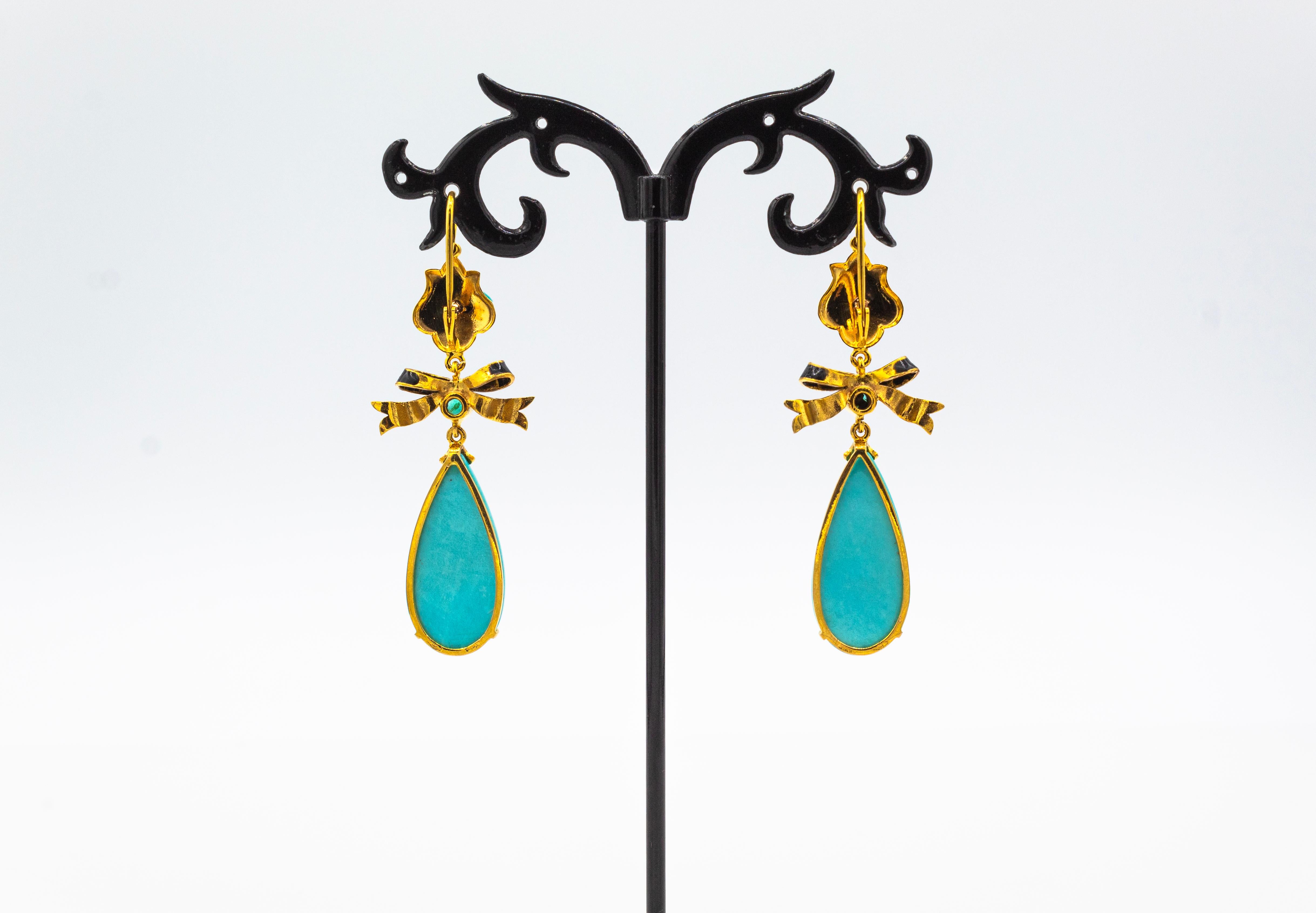 Boucles d'oreilles pendantes de style Art déco en or jaune avec diamant blanc, émeraude, turquoise naturelle et émeraude en vente 2