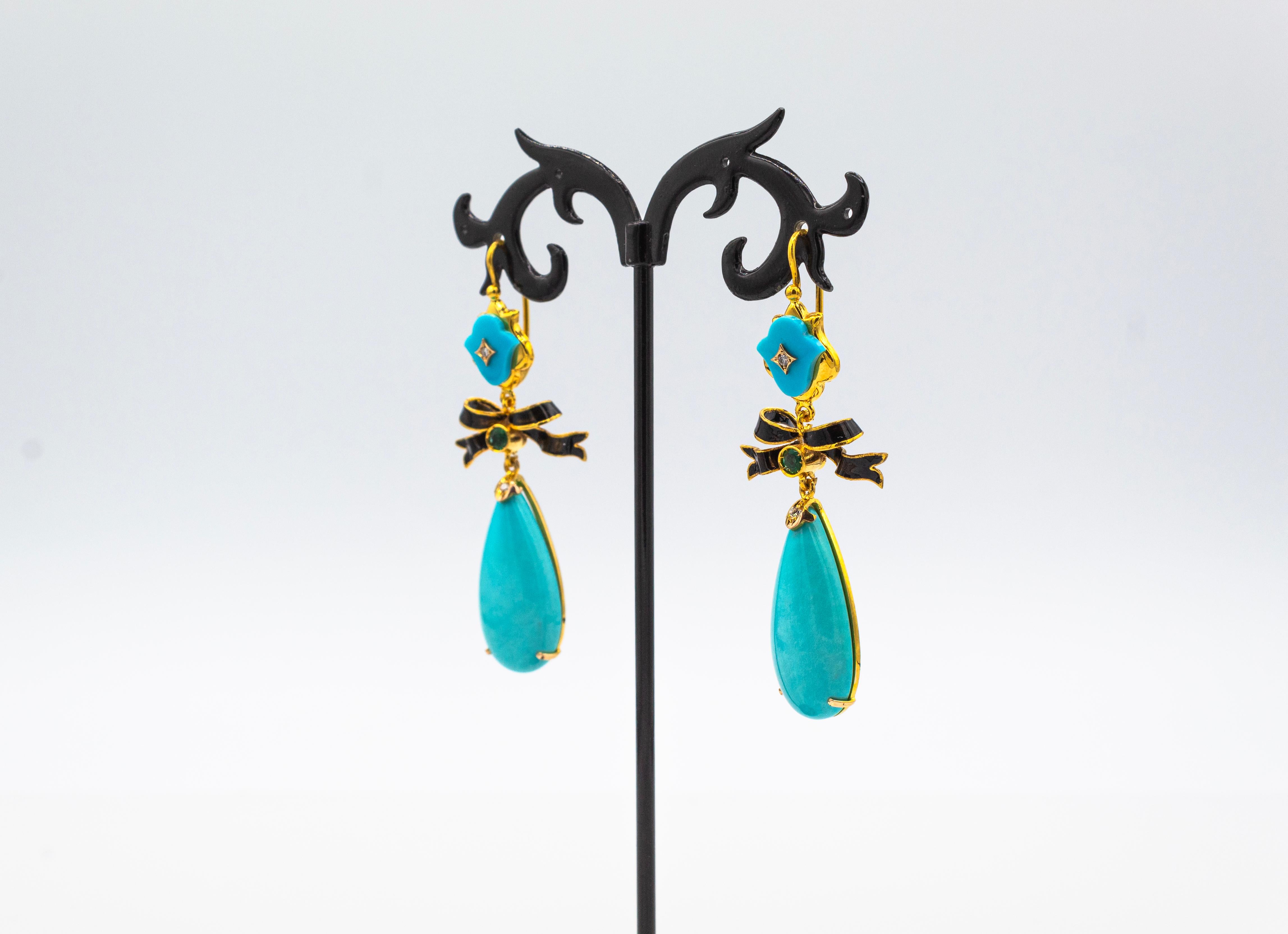 Boucles d'oreilles pendantes de style Art déco en or jaune avec diamant blanc, émeraude, turquoise naturelle et émeraude en vente 3