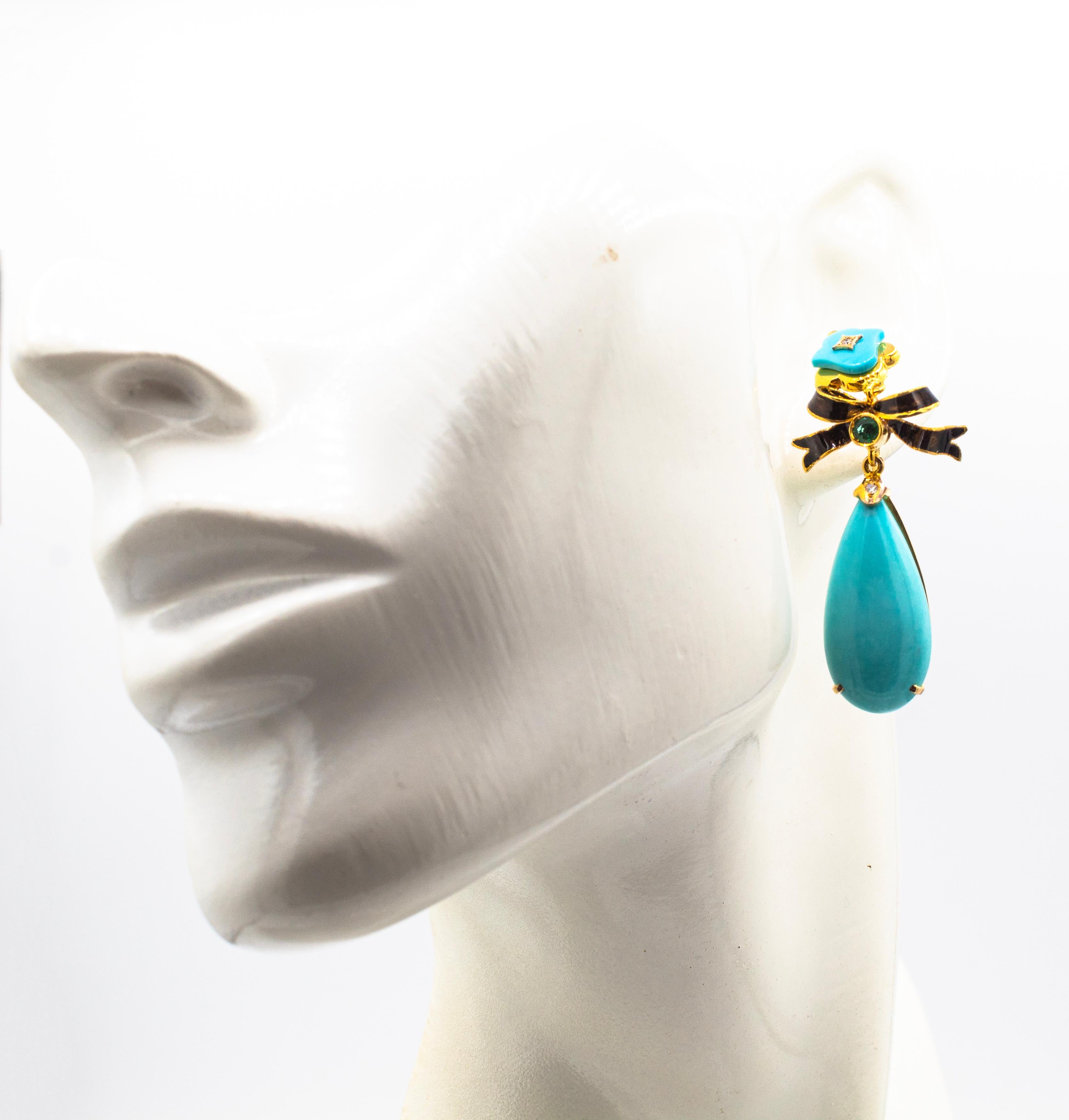 Boucles d'oreilles pendantes de style Art déco en or jaune avec diamant blanc, émeraude, turquoise naturelle et émeraude en vente 4