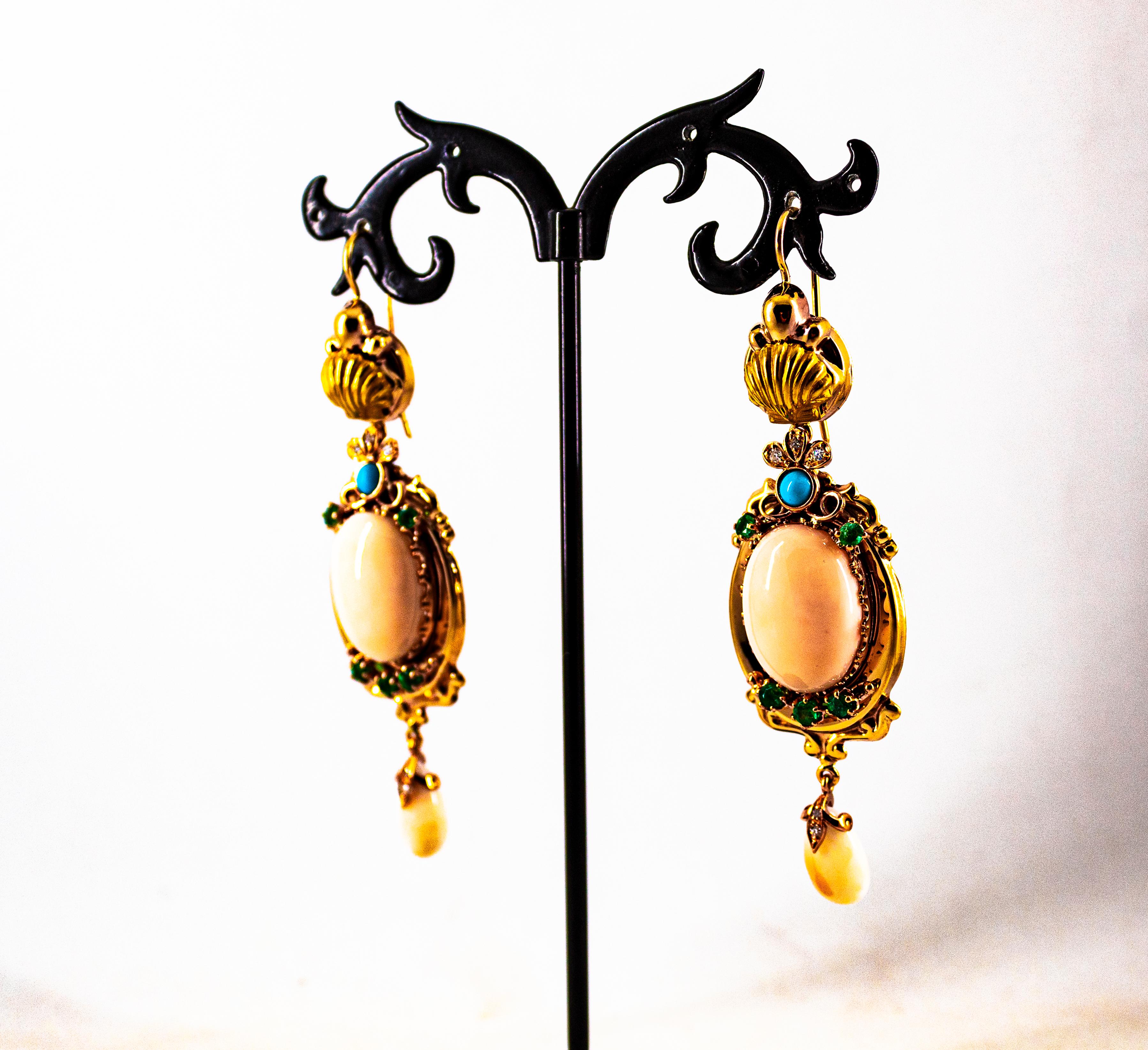 Art Deco Style White Diamond Emerald Pink Coral Turquoise Yellow Gold Earrings For Sale 5