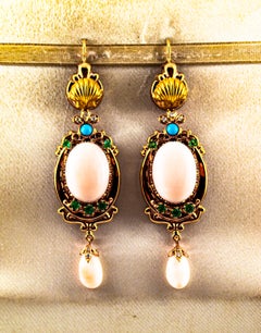 Art Deco Style White Diamond Emerald Pink Coral Turquoise Yellow Gold Earrings