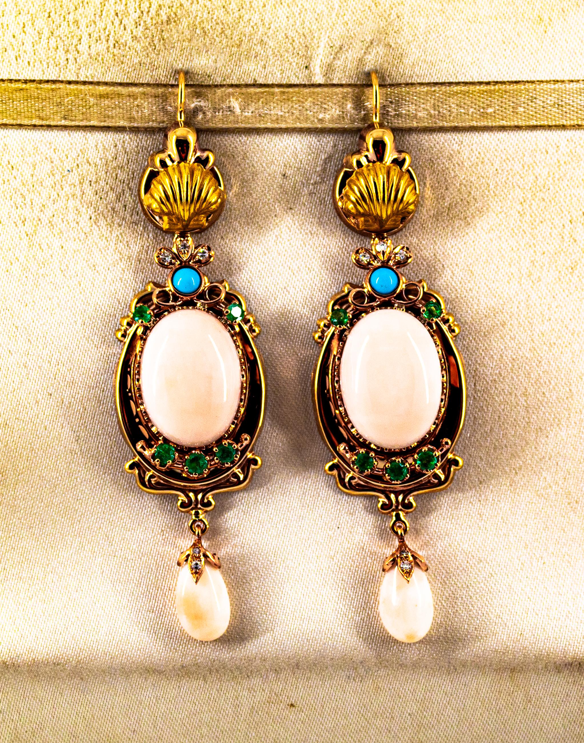 Brilliant Cut Art Deco Style White Diamond Emerald Pink Coral Turquoise Yellow Gold Earrings For Sale