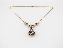 Art Deco Style White Diamond Emerald Ruby Blue Sapphire Yellow Gold Necklace