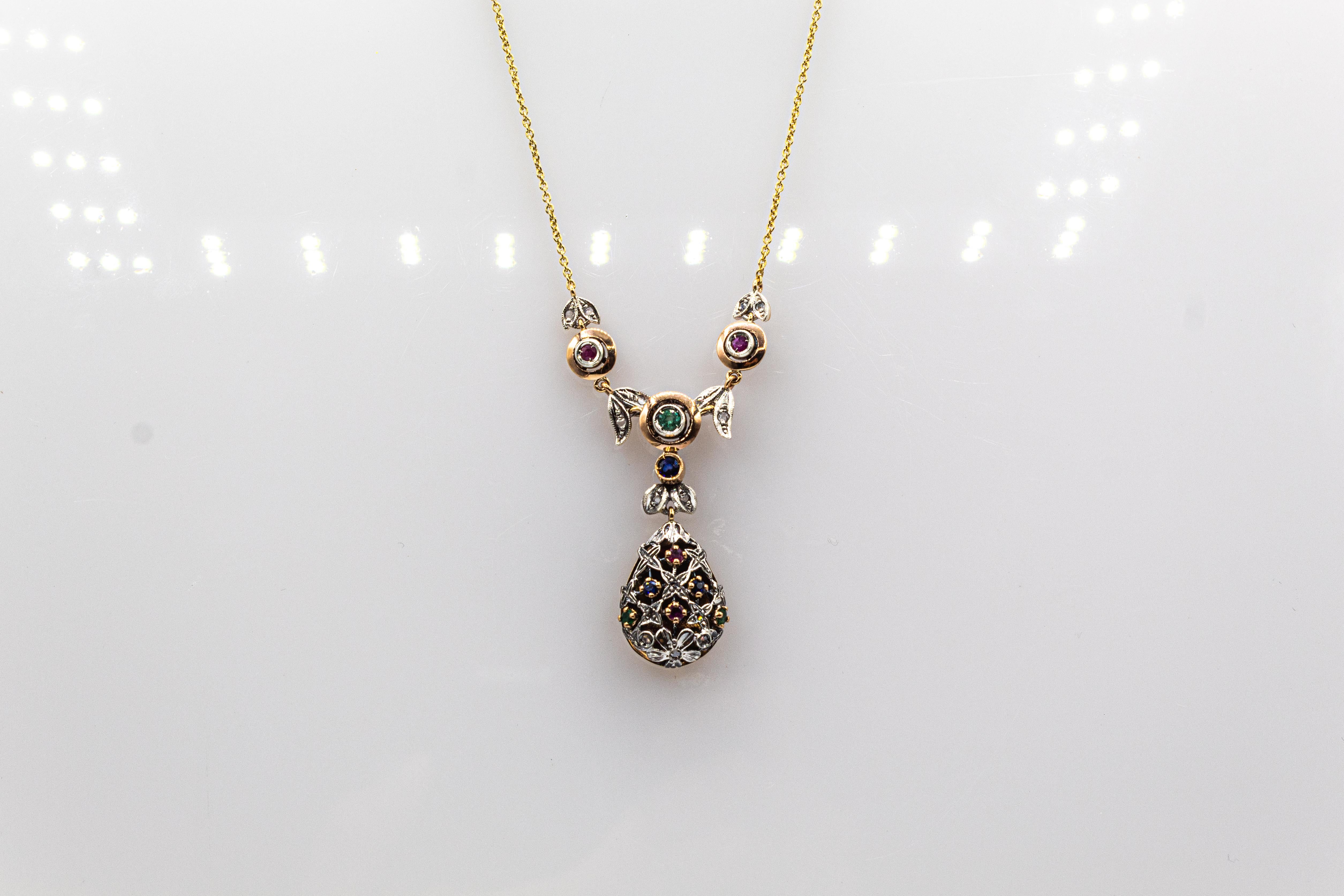 Round Cut Art Deco Style White Diamond Emerald Ruby Blue Sapphire Yellow Gold Necklace