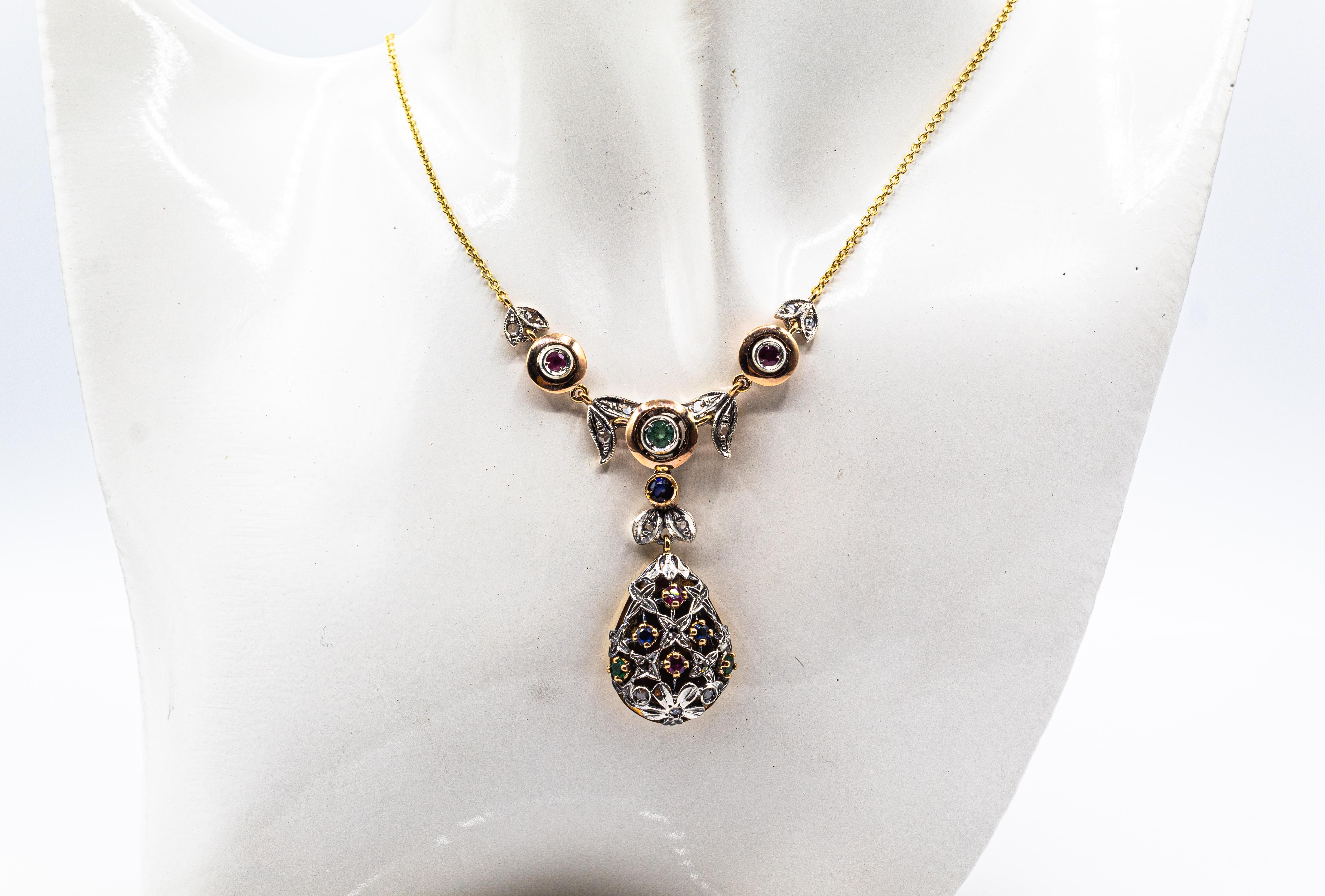 Gelbgold-Halskette im Art-déco-Stil mit weißen Diamanten, Smaragden, Rubinen und blauen Saphiren für Damen oder Herren im Angebot