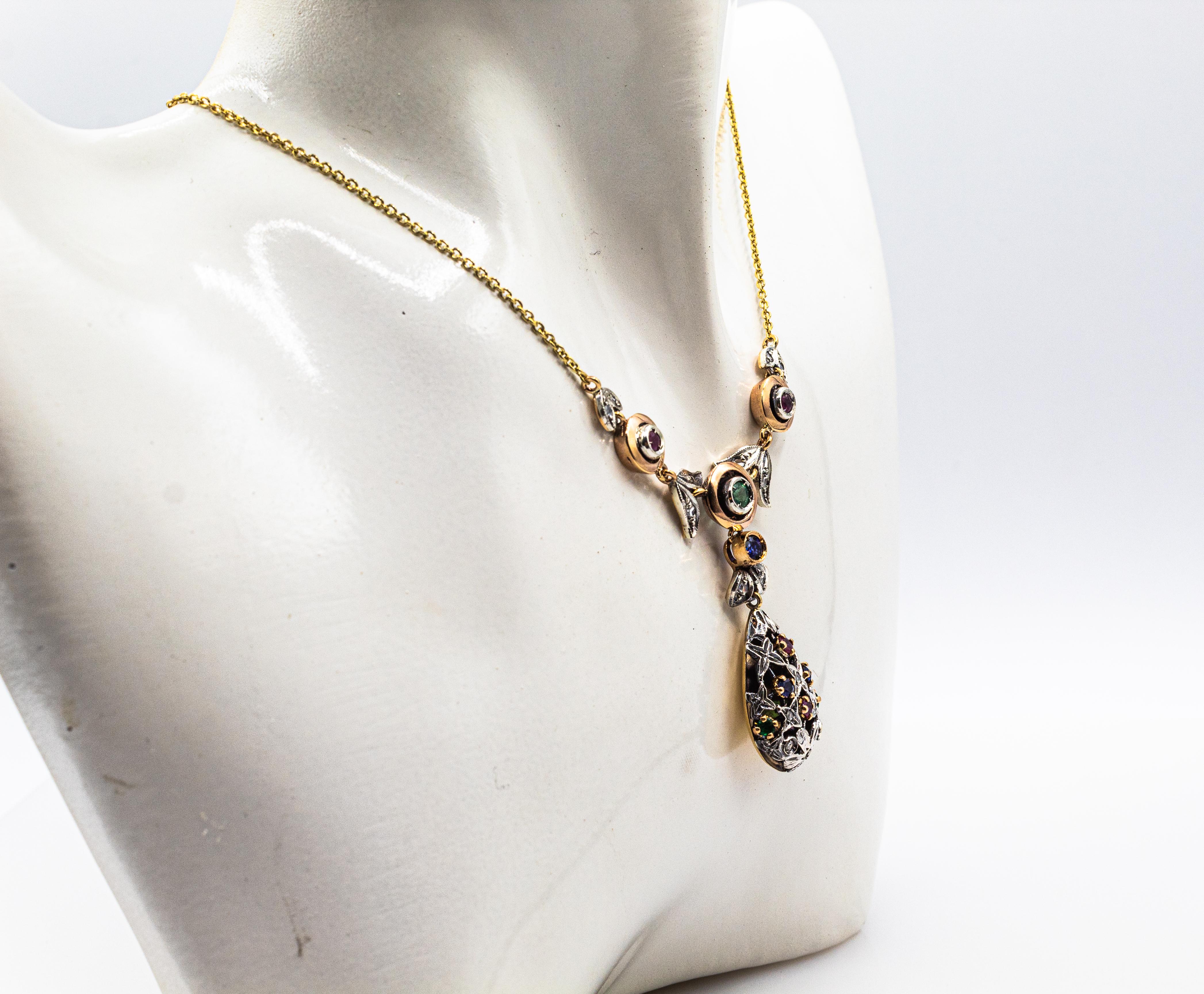 Collier en or jaune de style Art déco avec diamants blancs, émeraudes, rubis et saphirs bleus en vente 1