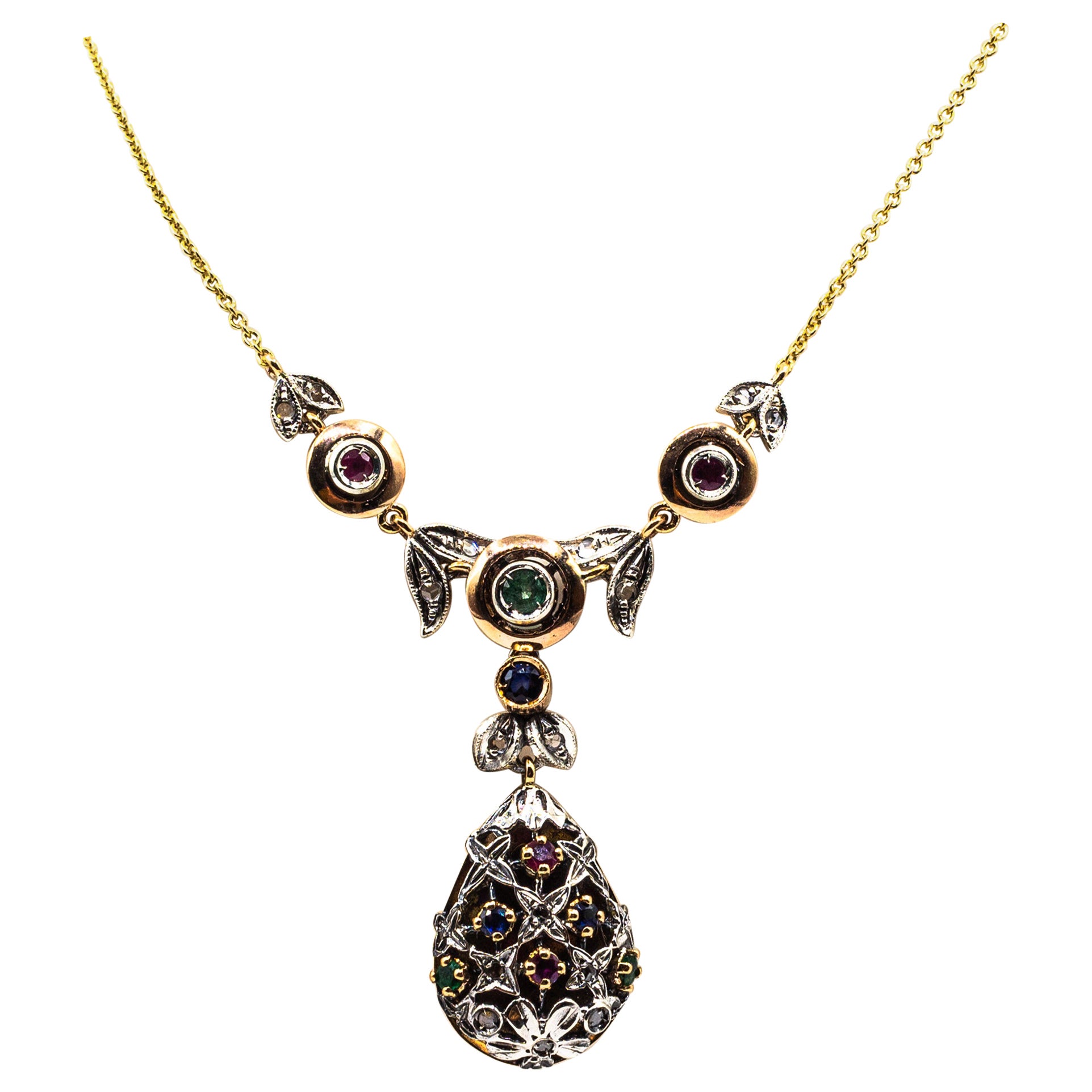 Art Deco Style White Diamond Emerald Ruby Blue Sapphire Yellow Gold Necklace For Sale