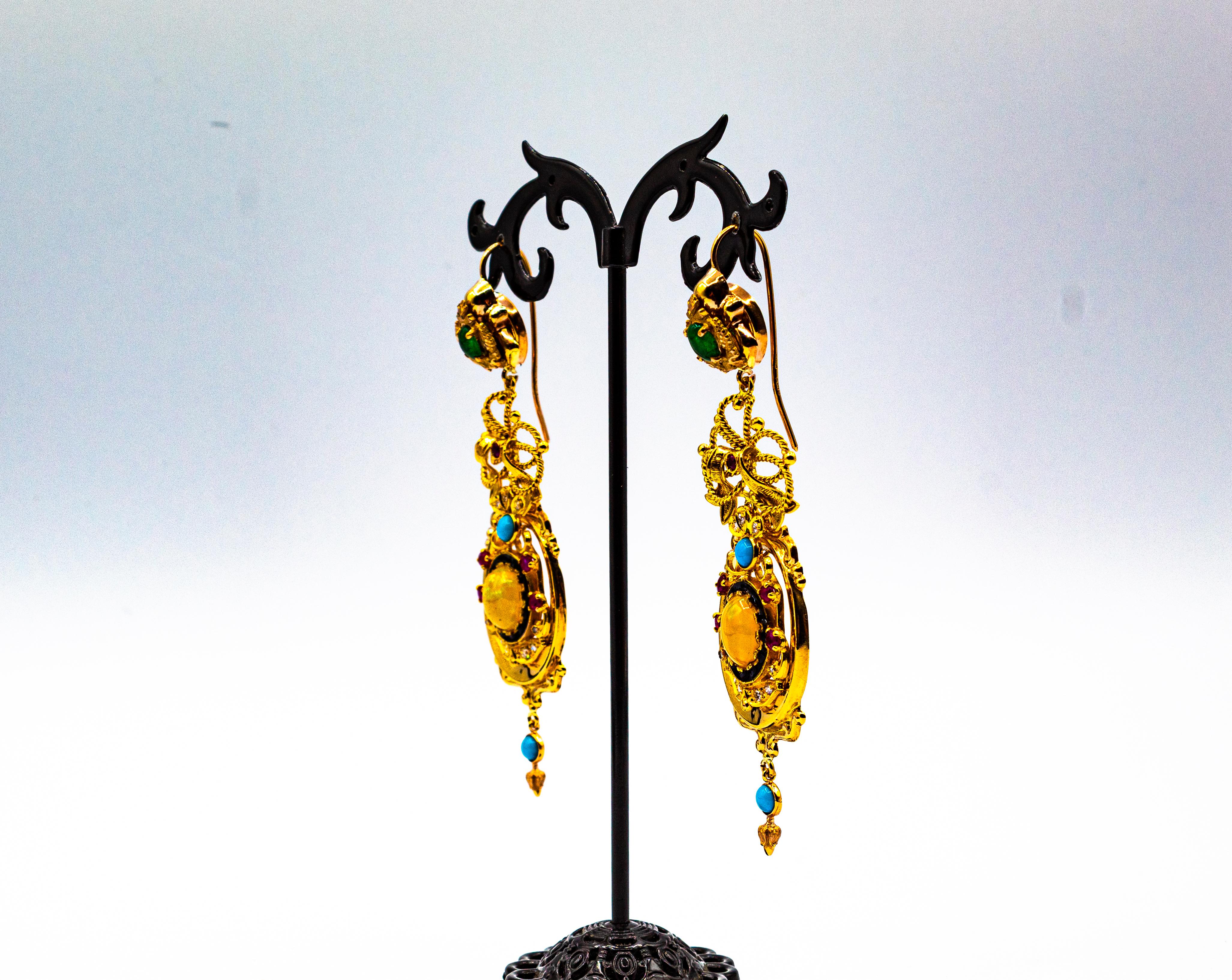 Orecchini in oro giallo in stile Art Deco con diamante bianco, smeraldo, rubino, opale e turchese 5