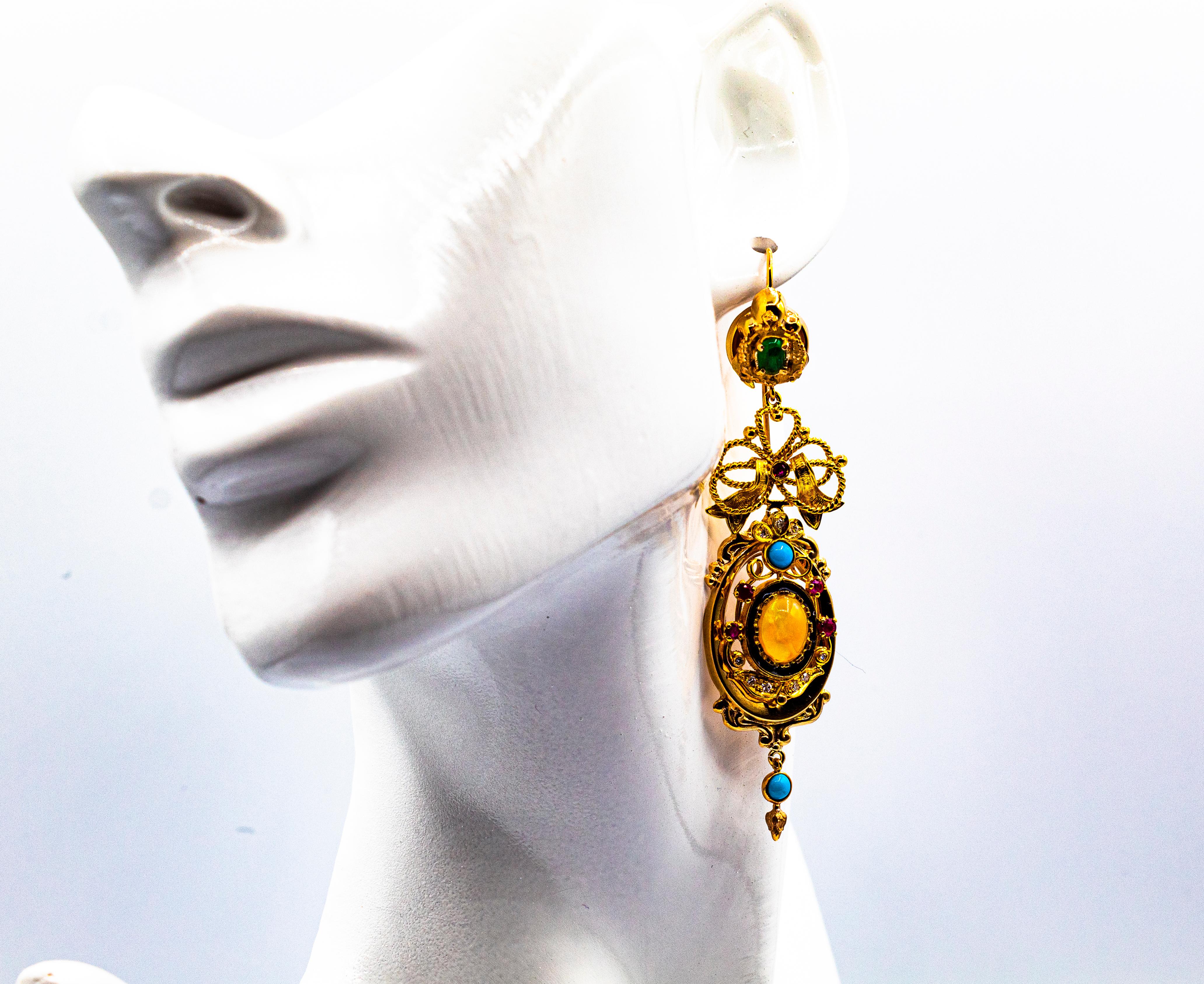 Orecchini in oro giallo in stile Art Deco con diamante bianco, smeraldo, rubino, opale e turchese 6