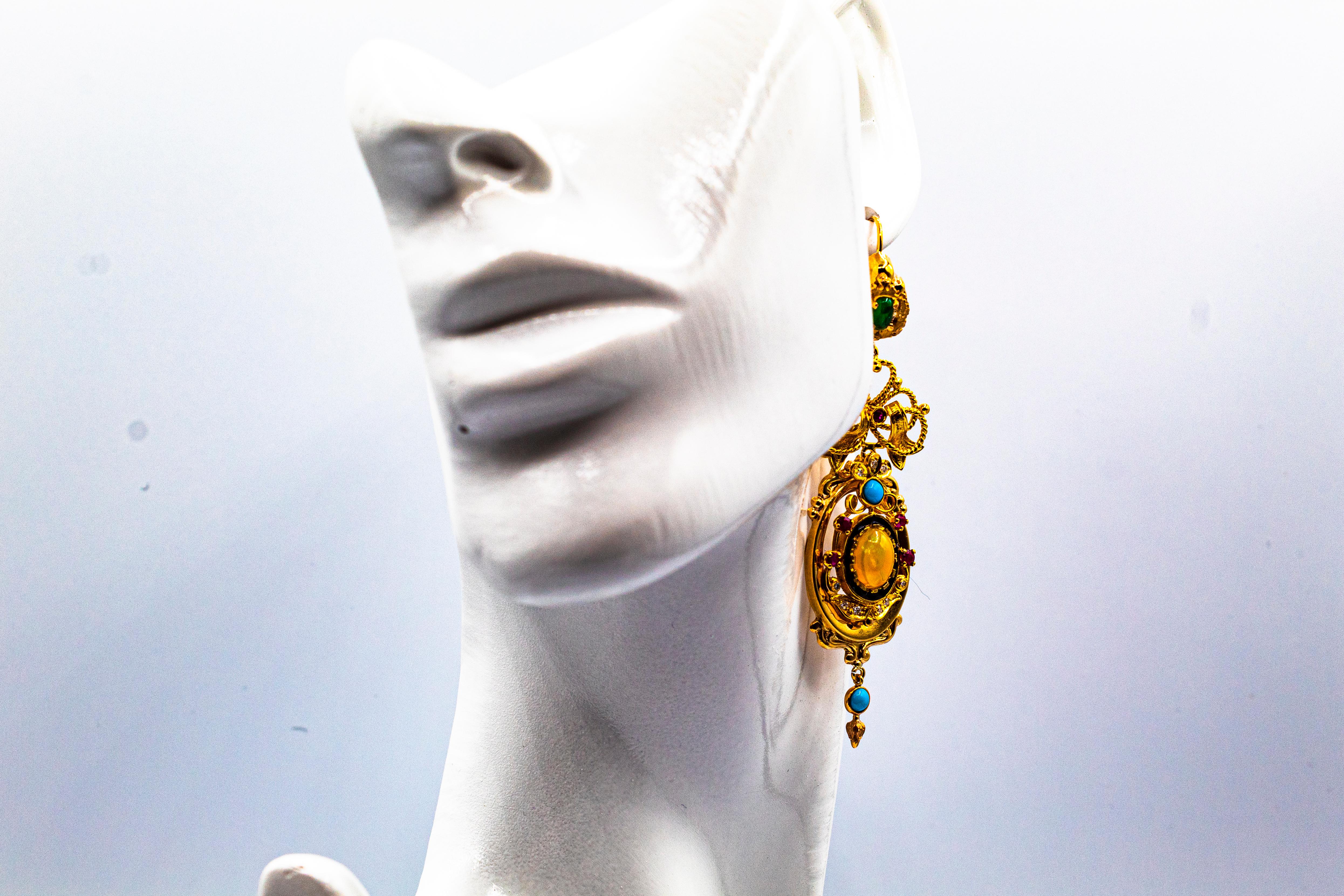 Orecchini in oro giallo in stile Art Deco con diamante bianco, smeraldo, rubino, opale e turchese 7