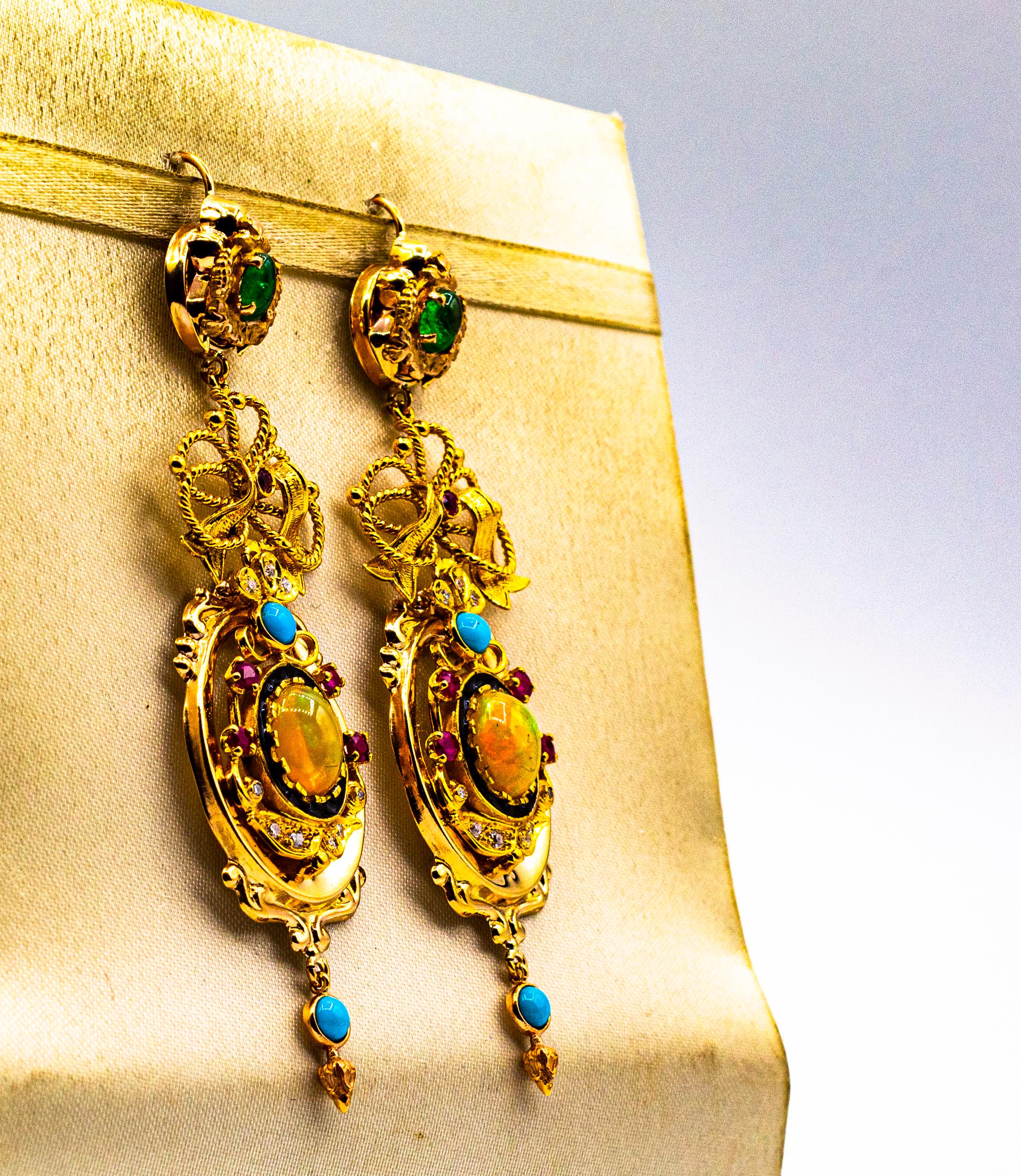 Gelbgold-Ohrringe im Art-déco-Stil mit weißen Diamanten, Smaragd, Rubin, Opal und Türkis (Brillantschliff) im Angebot