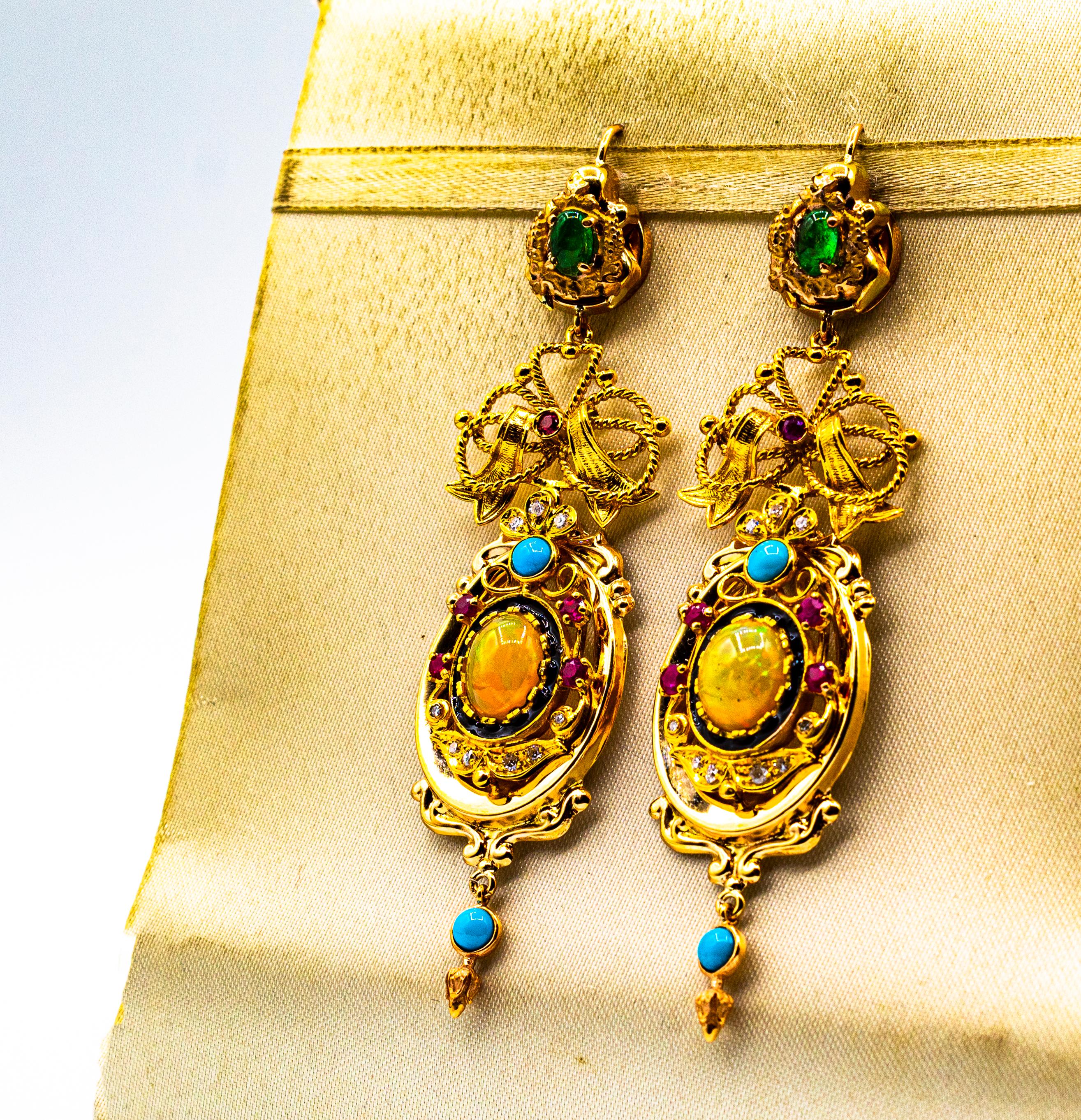 Orecchini in oro giallo in stile Art Deco con diamante bianco, smeraldo, rubino, opale e turchese In condizioni Nuovo a Naples, IT