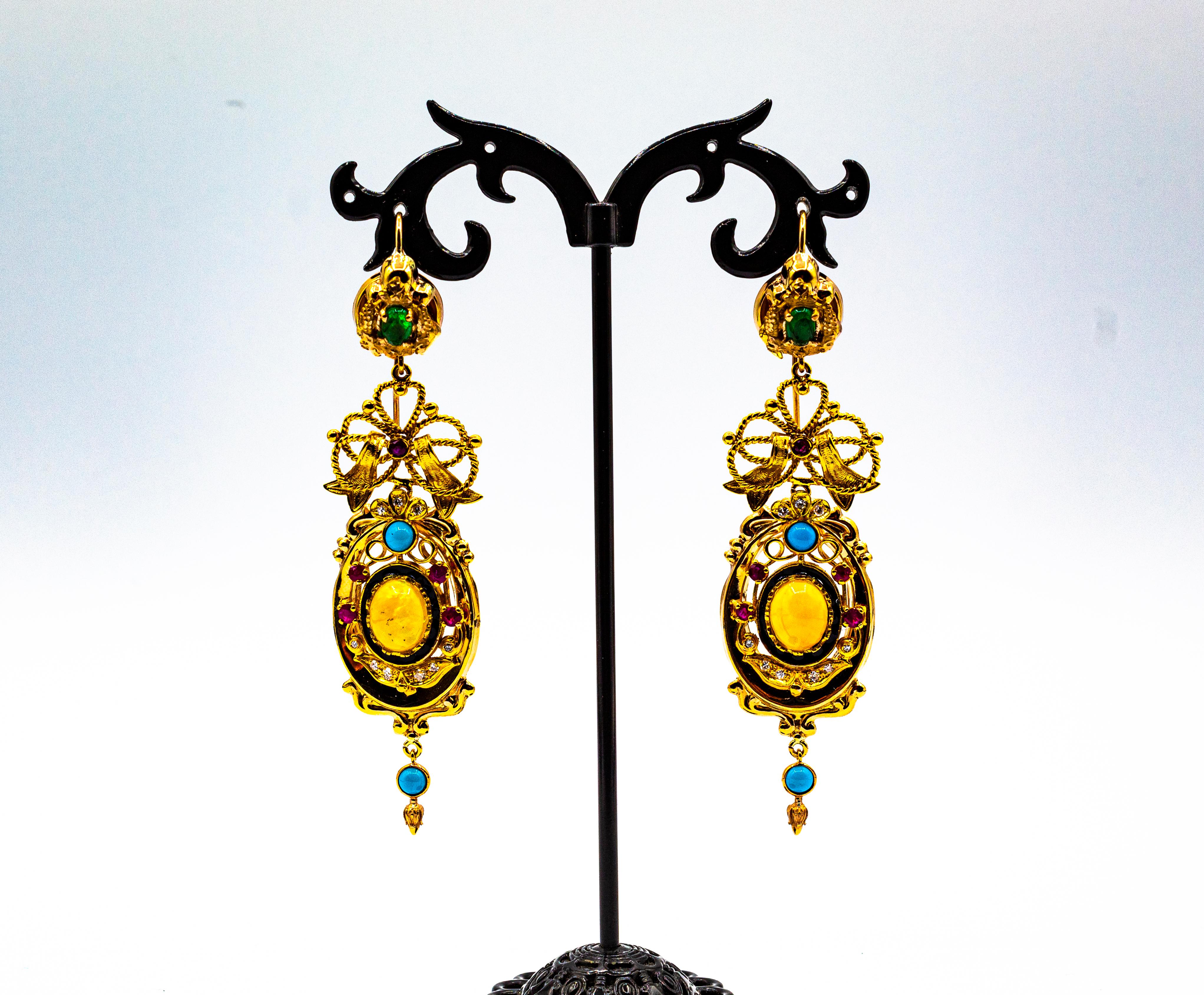 Art Deco Style White Diamond Emerald Ruby Opal Turquoise Yellow Gold Earrings For Sale 1