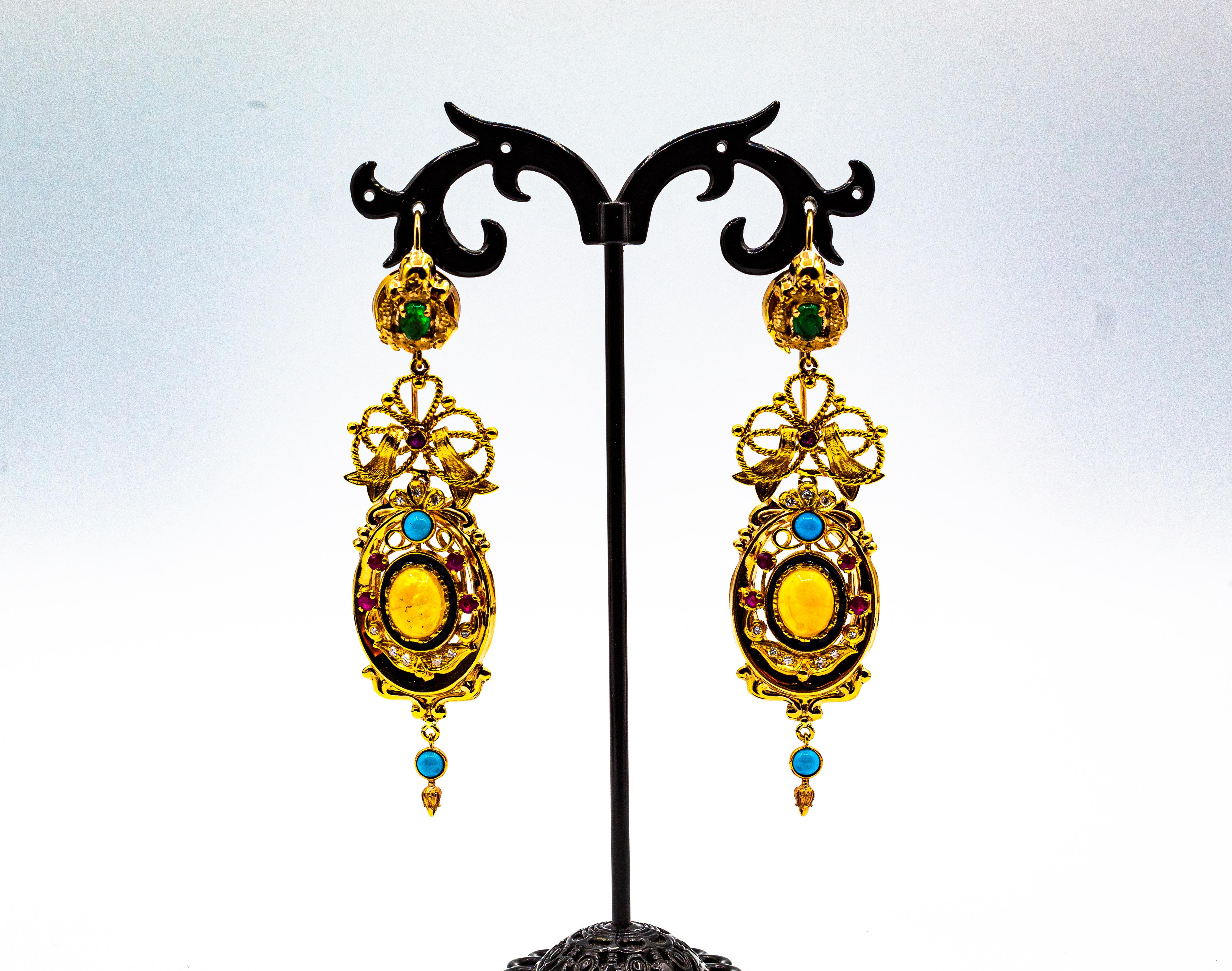 Gelbgold-Ohrringe im Art-déco-Stil mit weißen Diamanten, Smaragd, Rubin, Opal und Türkis im Angebot 1