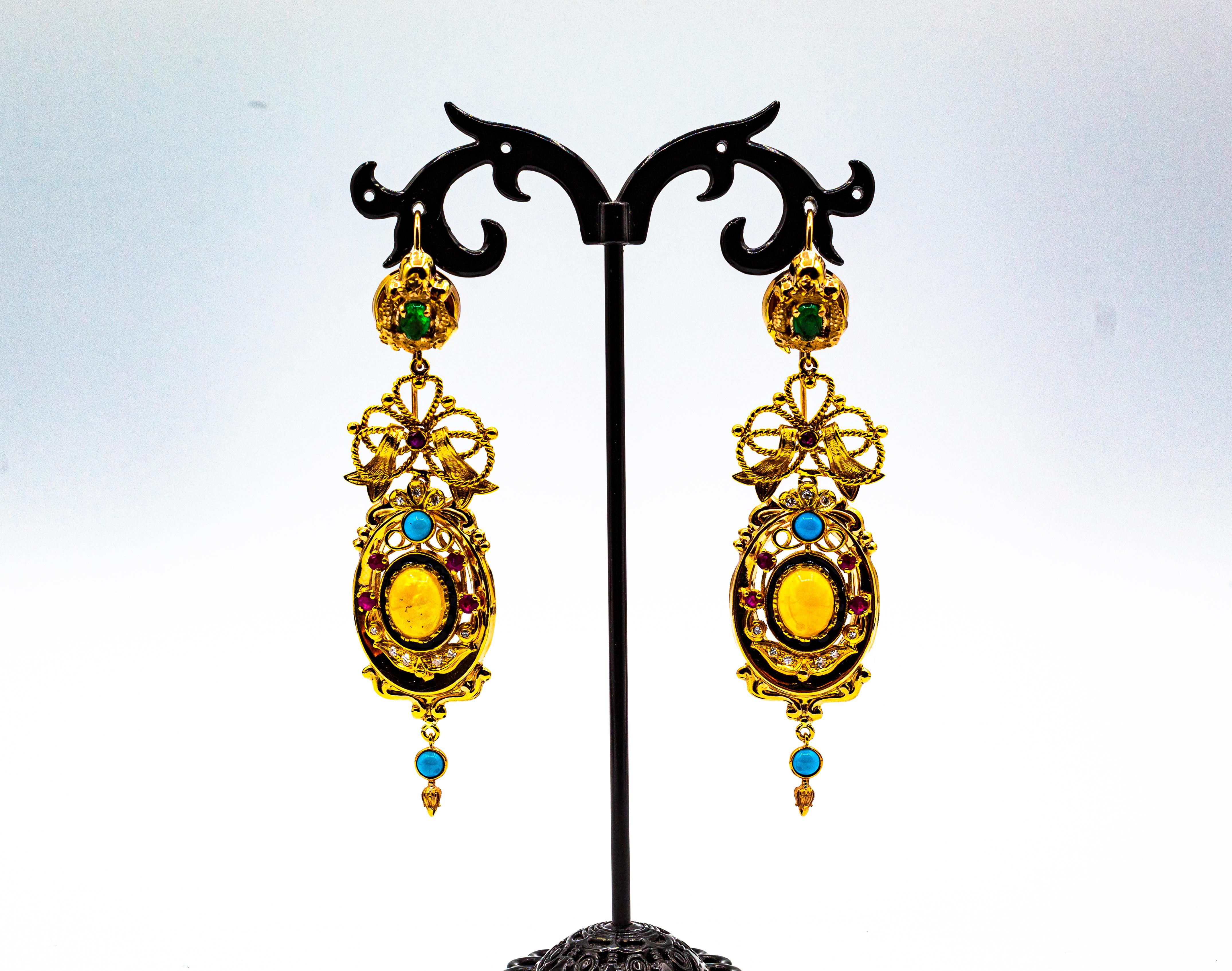 Orecchini in oro giallo in stile Art Deco con diamante bianco, smeraldo, rubino, opale e turchese 1