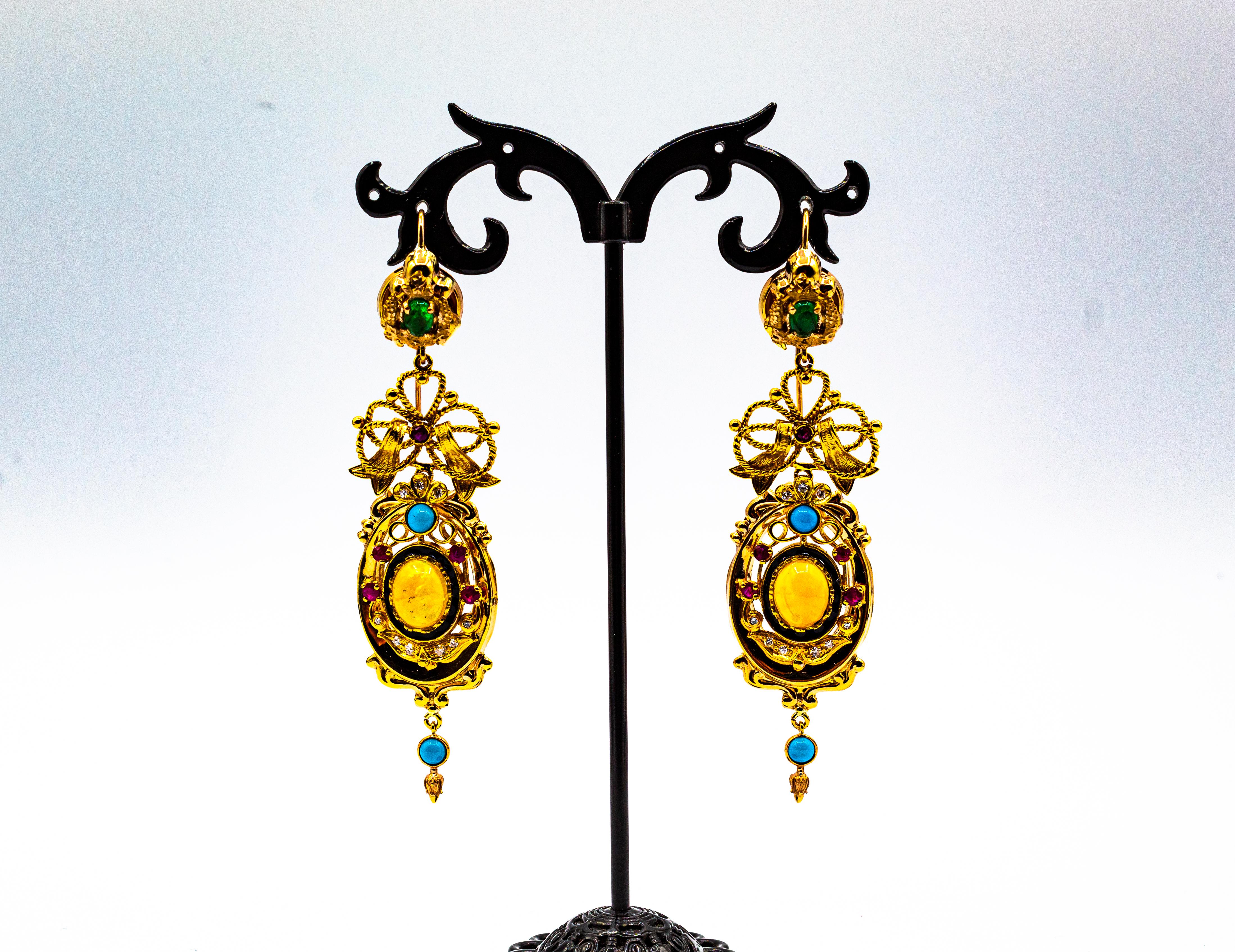 Orecchini in oro giallo in stile Art Deco con diamante bianco, smeraldo, rubino, opale e turchese 2