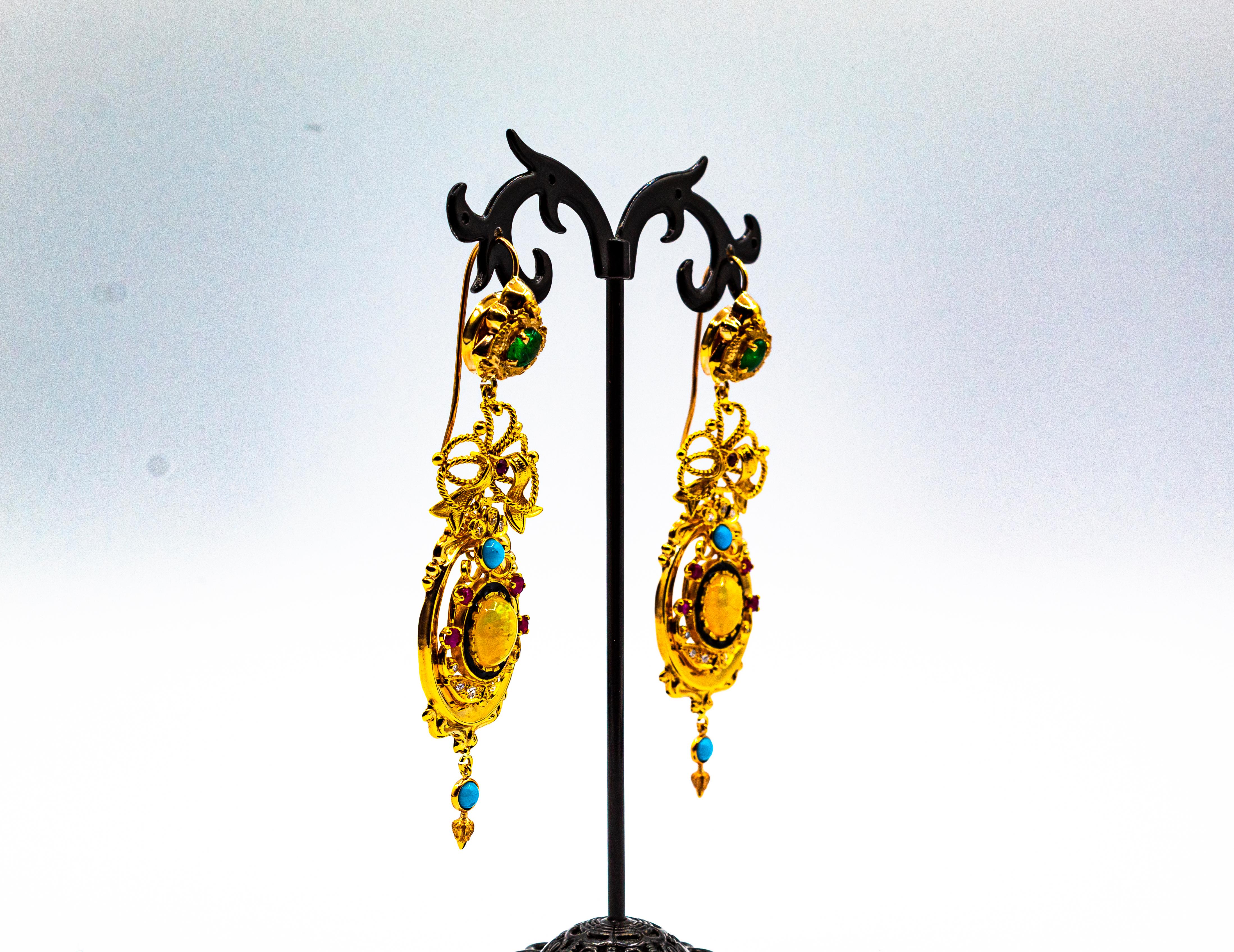 Orecchini in oro giallo in stile Art Deco con diamante bianco, smeraldo, rubino, opale e turchese 3