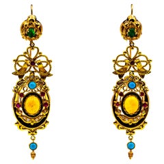 Art Deco Style White Diamond Emerald Ruby Opal Turquoise Yellow Gold Earrings