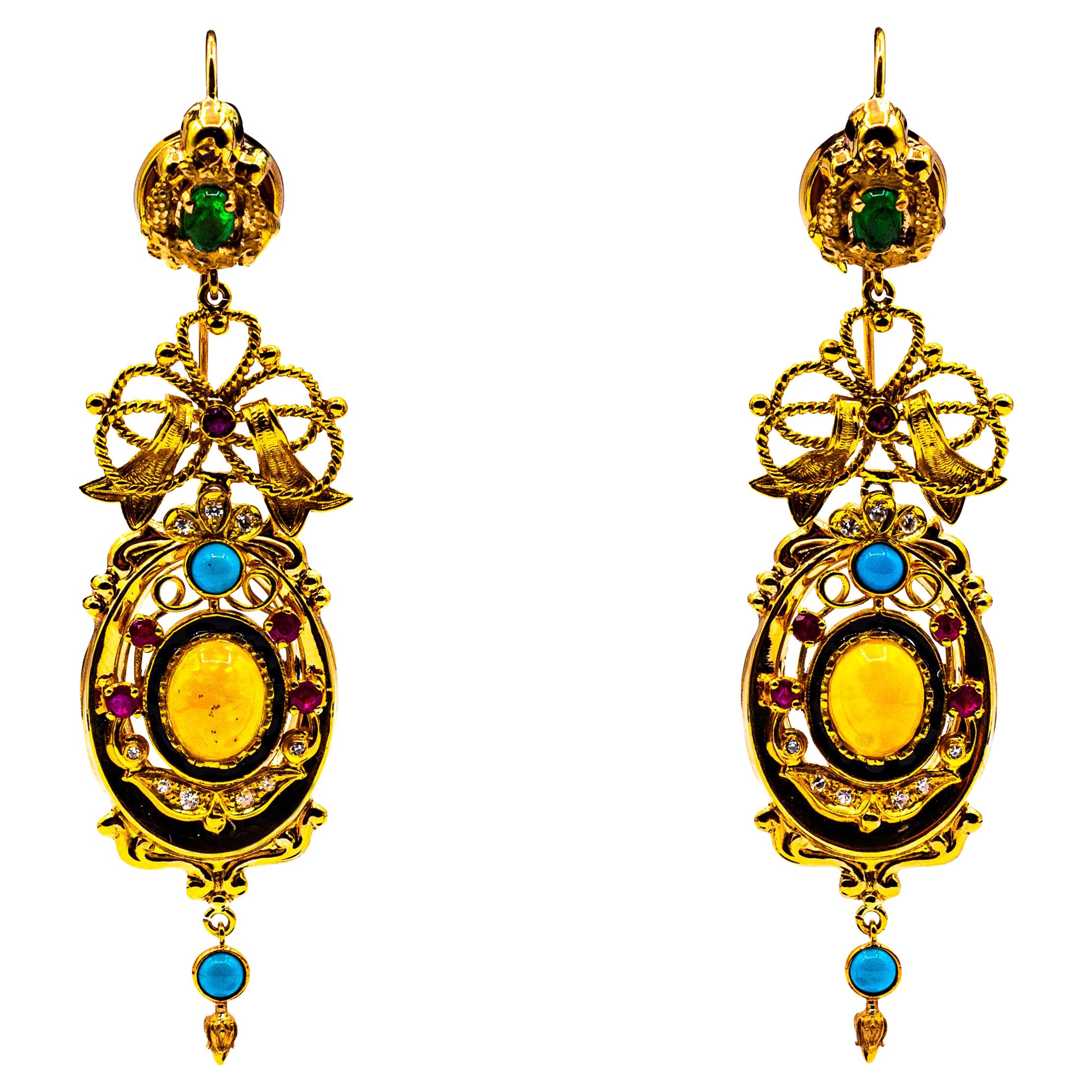 Boucles d'oreilles en or jaune de style Art déco avec diamants blancs, émeraudes, rubis, opales et turquoises