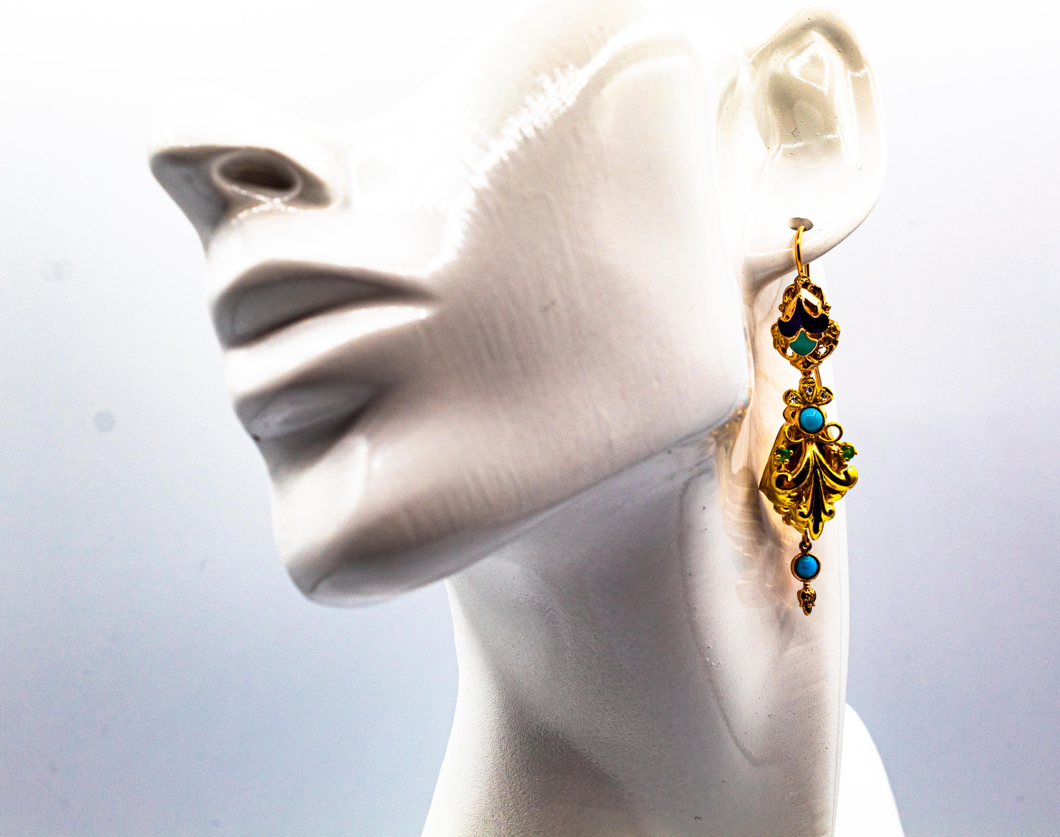 Gelbgold-Tropfen-Ohrringe im Art déco-Stil mit weißen Diamanten, Smaragden und türkisfarbener Emaille im Angebot 5