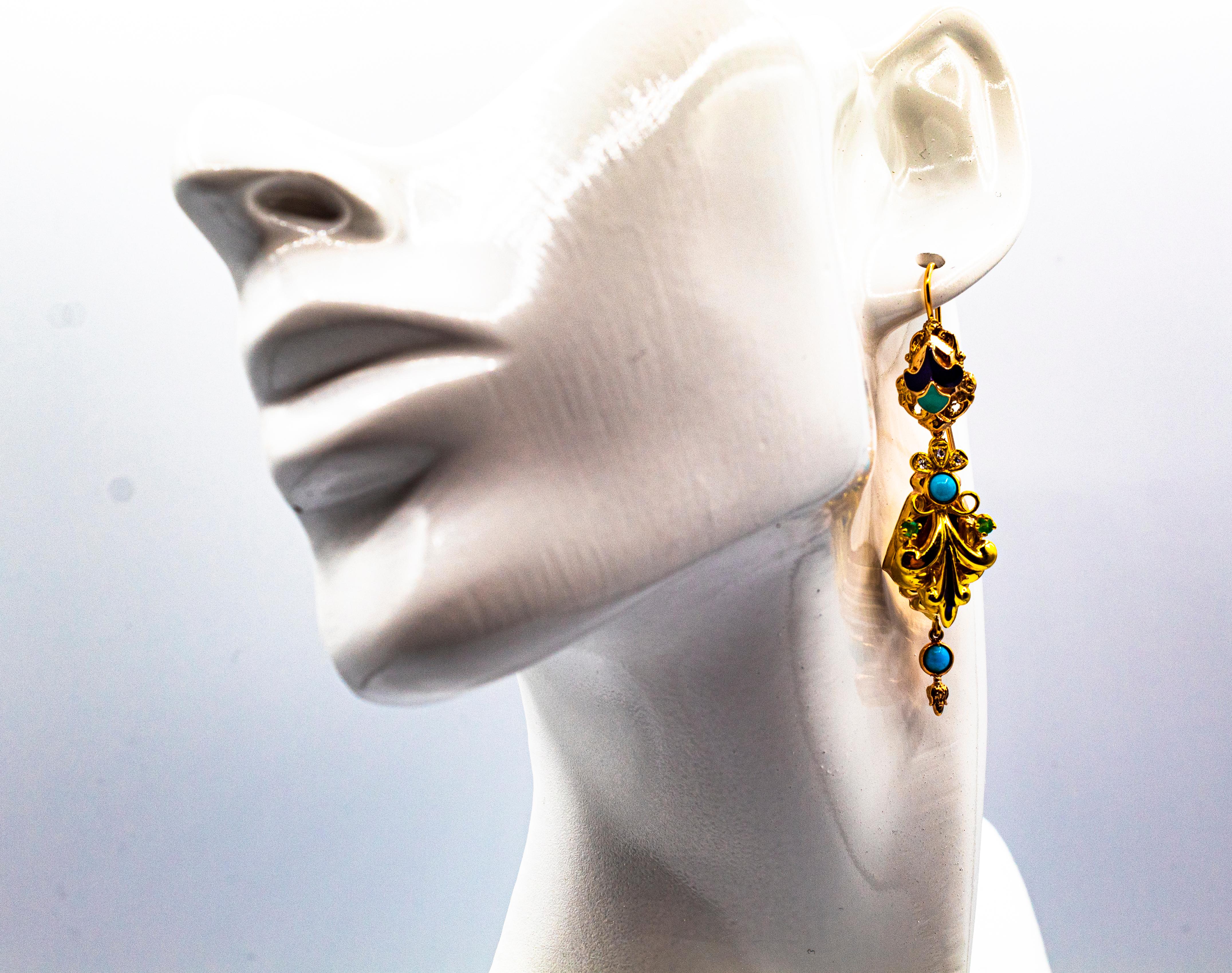 Boucles d'oreilles en goutte de style Art déco en or jaune avec diamants blancs, émeraudes et émail en vente 5
