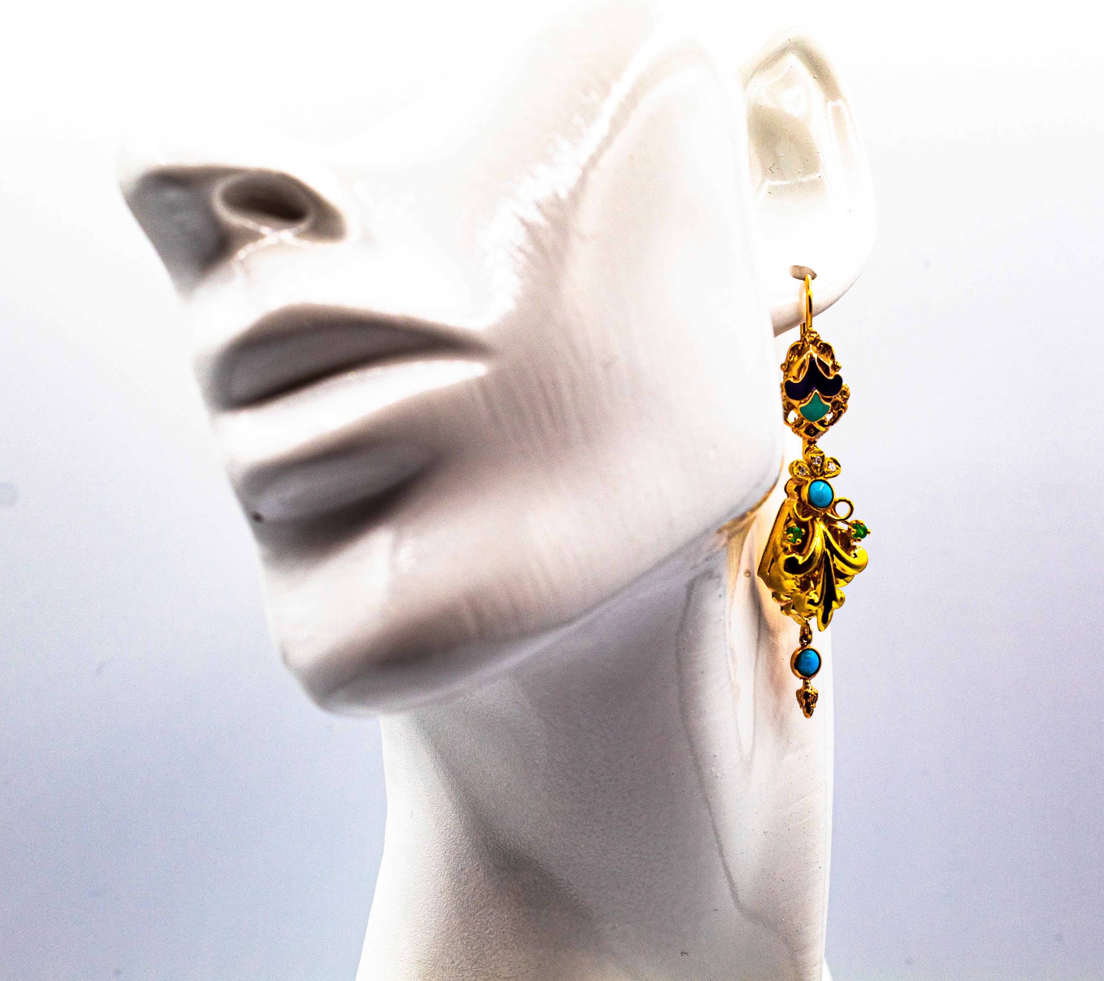 Gelbgold-Tropfen-Ohrringe im Art déco-Stil mit weißen Diamanten, Smaragden und türkisfarbener Emaille im Angebot 6