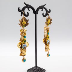 Art Deco Style White Diamond Emerald Turquoise Enamel Yellow Gold Drop Earrings