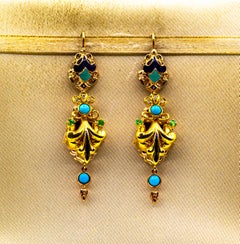 Art Deco Style White Diamond Emerald Turquoise Enamel Yellow Gold Drop Earrings