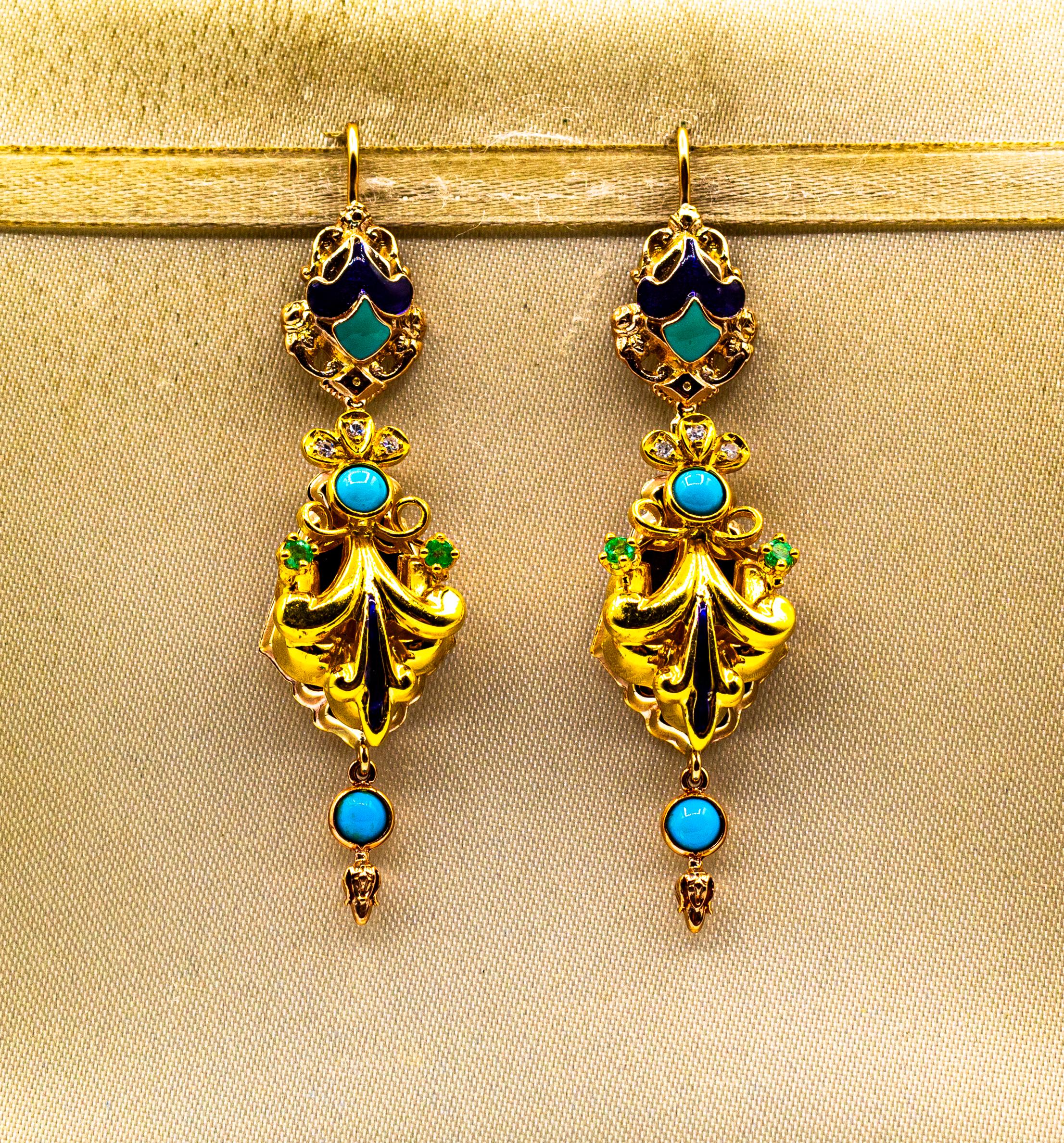 Gelbgold-Tropfen-Ohrringe im Art déco-Stil mit weißen Diamanten, Smaragden und türkisfarbener Emaille (Brillantschliff) im Angebot