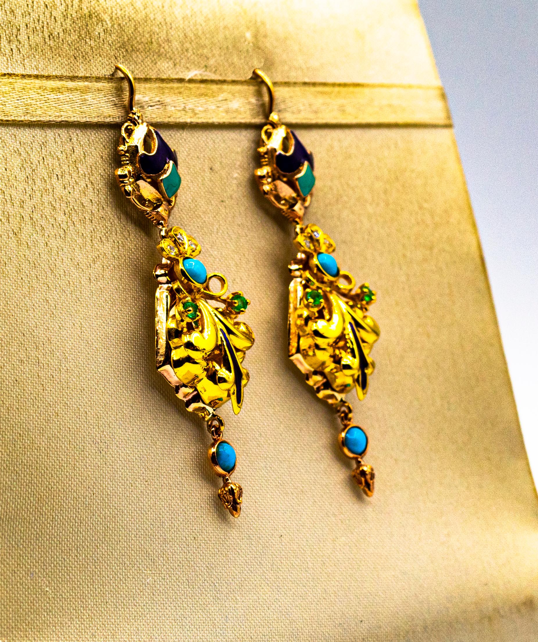 Art Deco Style White Diamond Emerald Turquoise Enamel Yellow Gold Drop Earrings In New Condition In Naples, IT