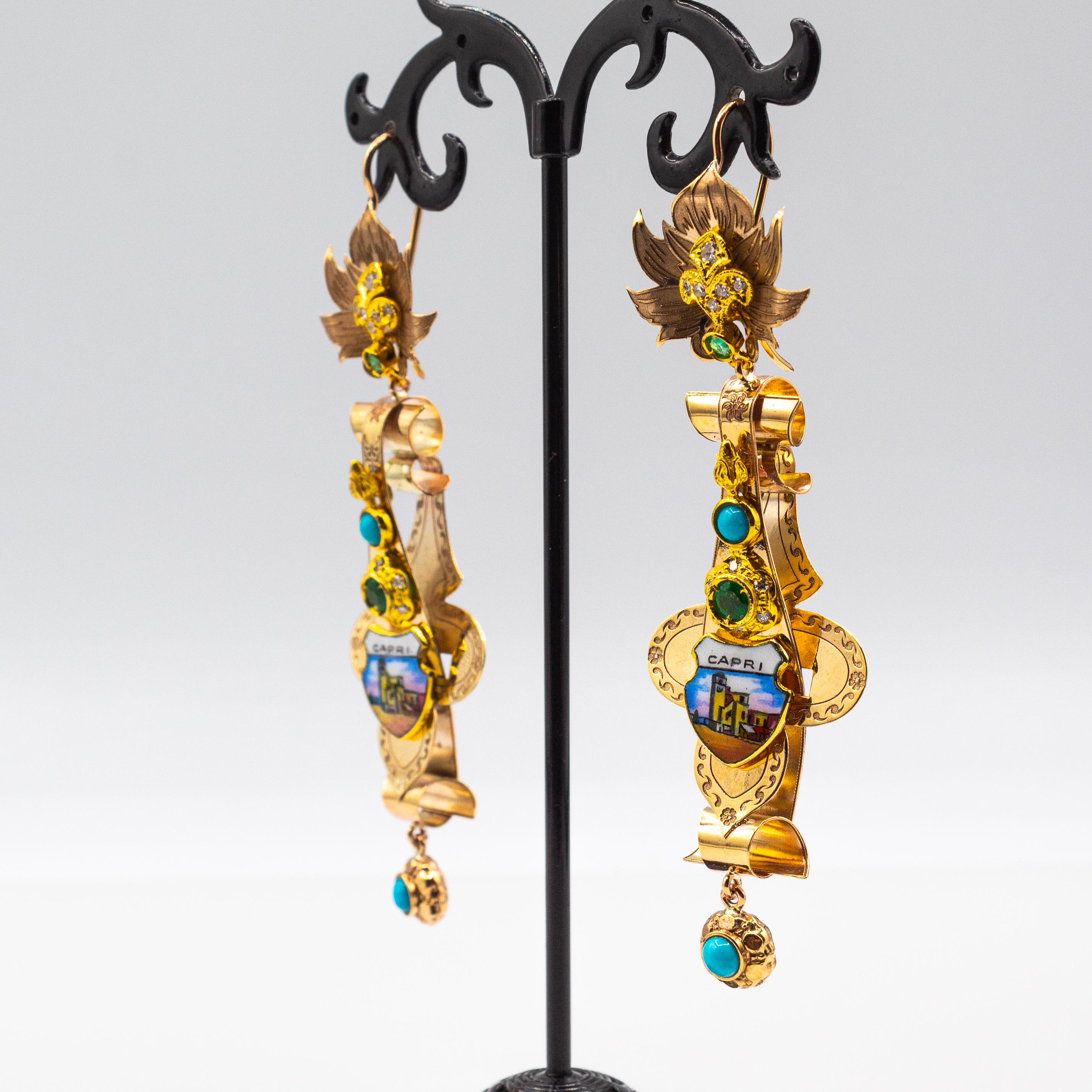 Boucles d'oreilles en goutte de style Art déco en or jaune avec diamants blancs, émeraudes et émail Neuf - En vente à Naples, IT
