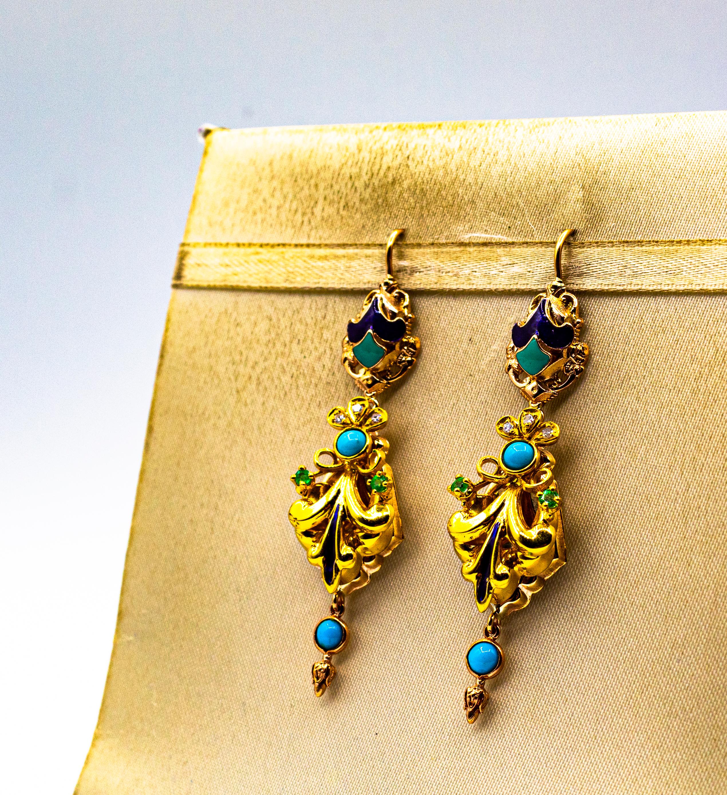 Gelbgold-Tropfen-Ohrringe im Art déco-Stil mit weißen Diamanten, Smaragden und türkisfarbener Emaille für Damen oder Herren im Angebot
