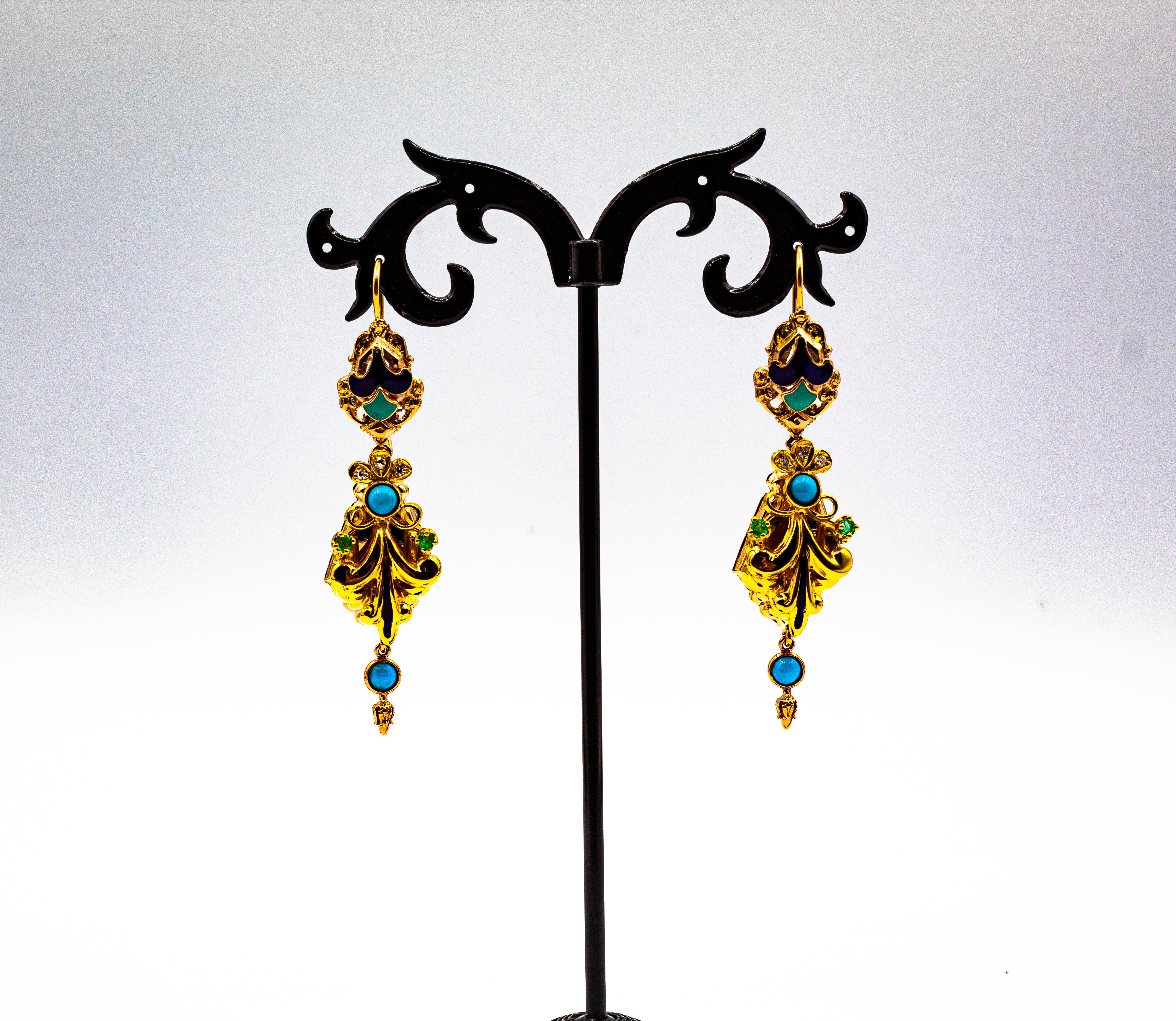 Gelbgold-Tropfen-Ohrringe im Art déco-Stil mit weißen Diamanten, Smaragden und türkisfarbener Emaille im Angebot 1