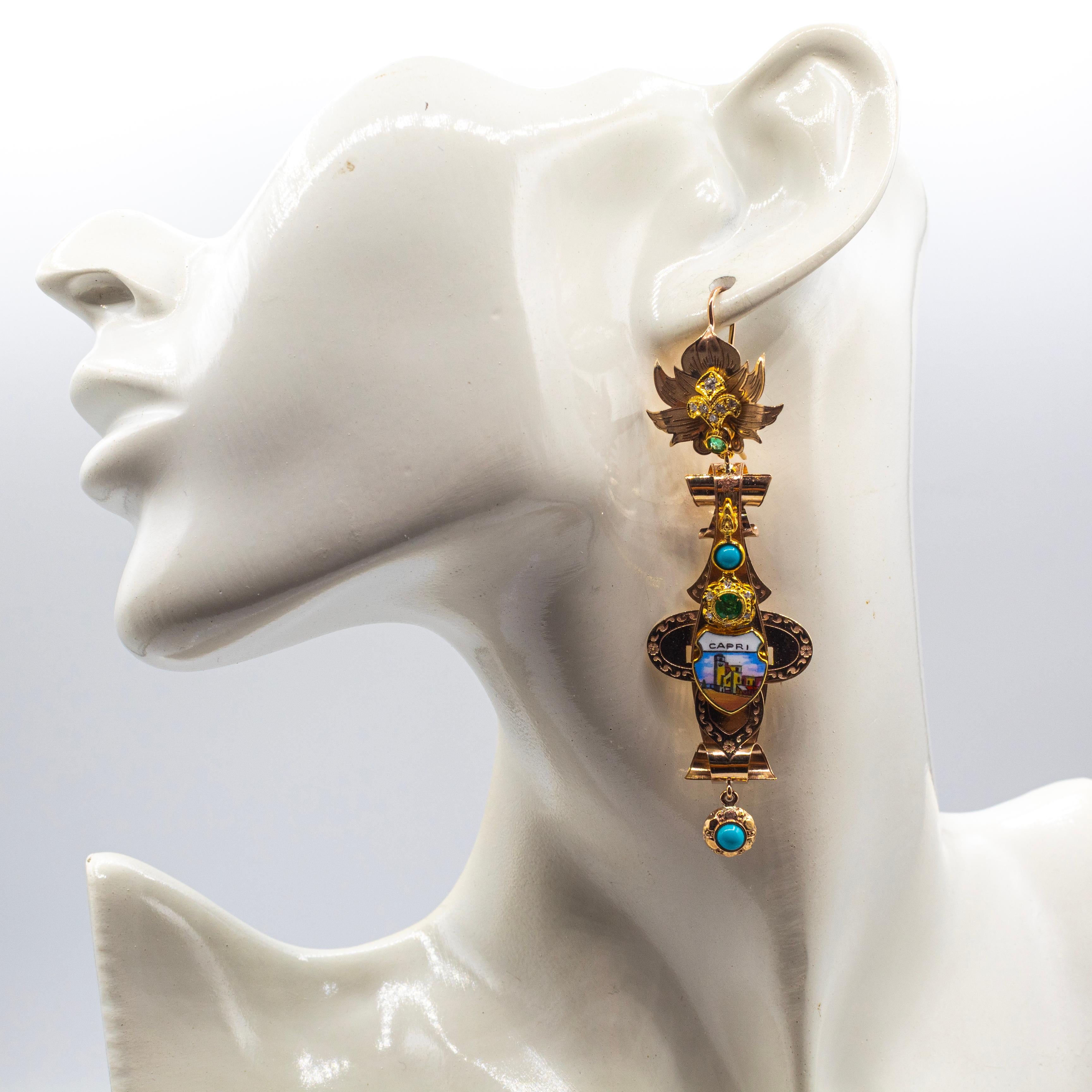 Boucles d'oreilles en goutte de style Art déco en or jaune avec diamants blancs, émeraudes et émail en vente 1