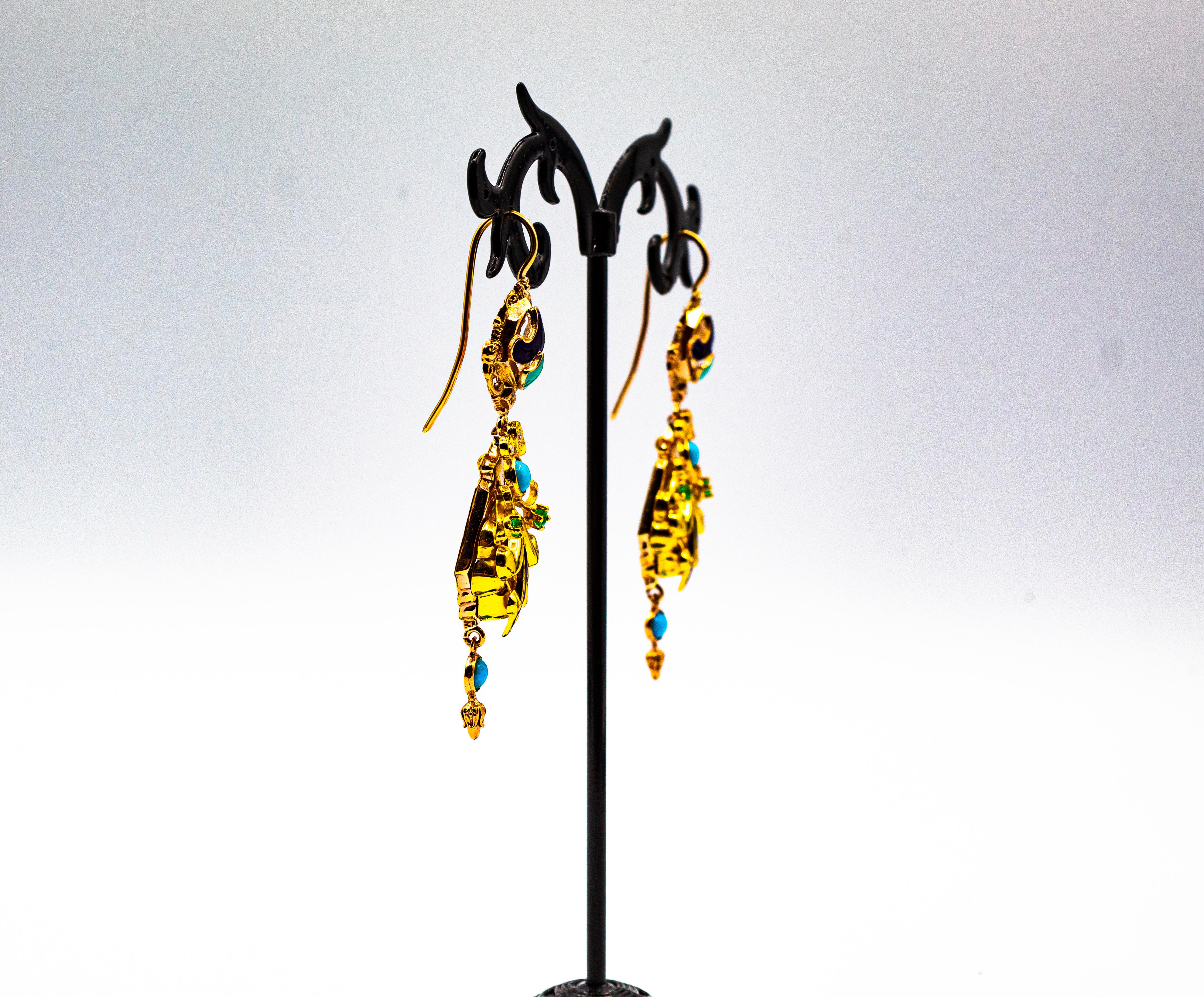 Gelbgold-Tropfen-Ohrringe im Art déco-Stil mit weißen Diamanten, Smaragden und türkisfarbener Emaille im Angebot 2