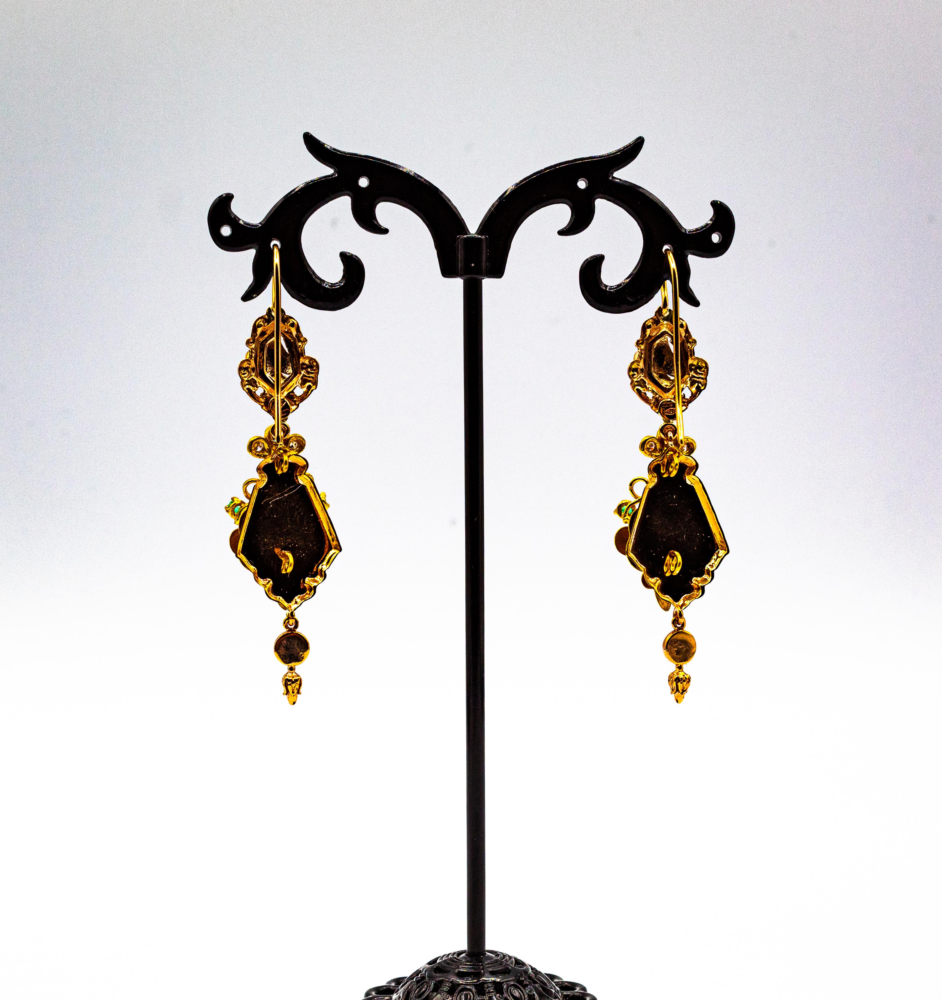 Art Deco Style White Diamond Emerald Turquoise Enamel Yellow Gold Drop Earrings For Sale 3