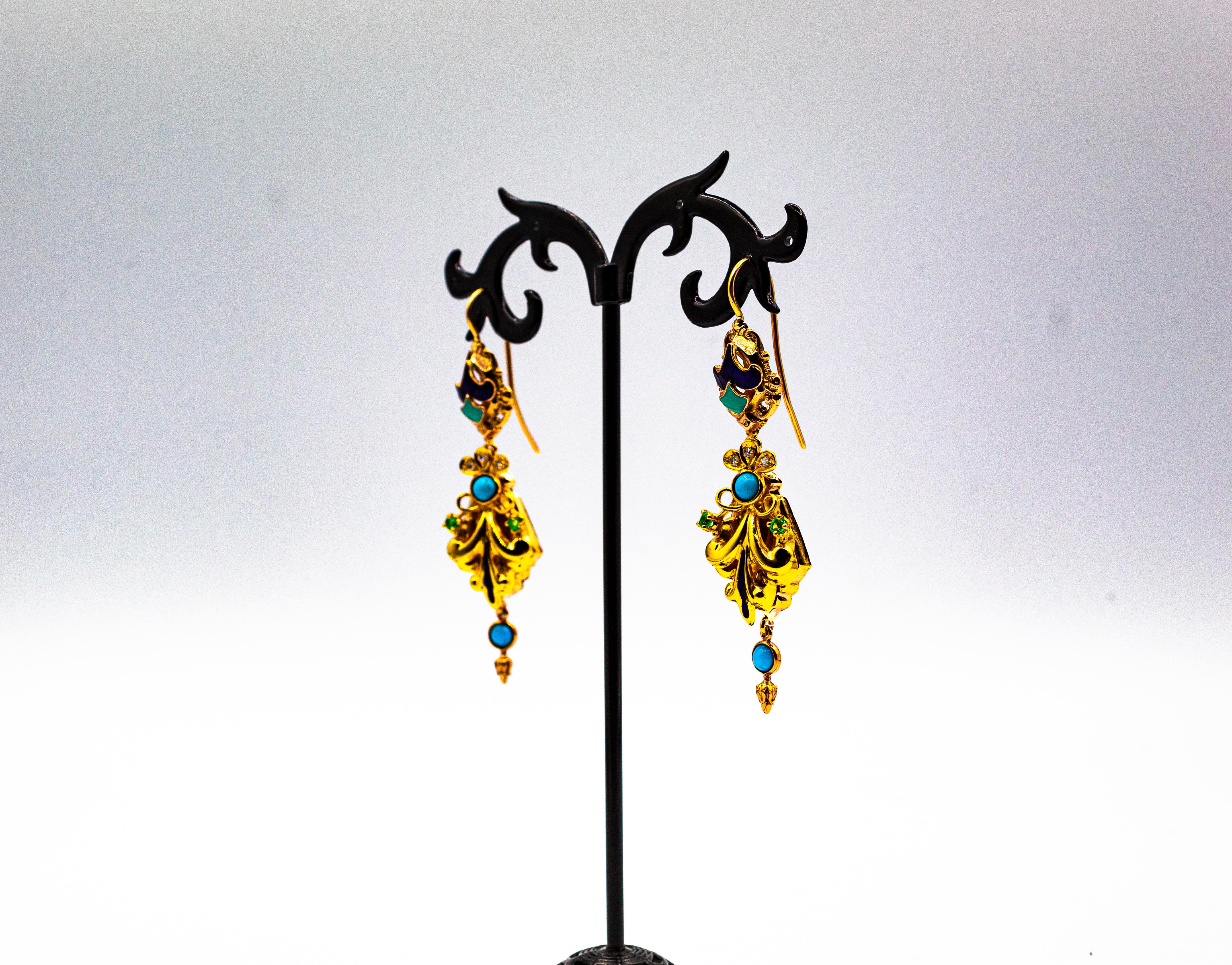 Gelbgold-Tropfen-Ohrringe im Art déco-Stil mit weißen Diamanten, Smaragden und türkisfarbener Emaille im Angebot 4