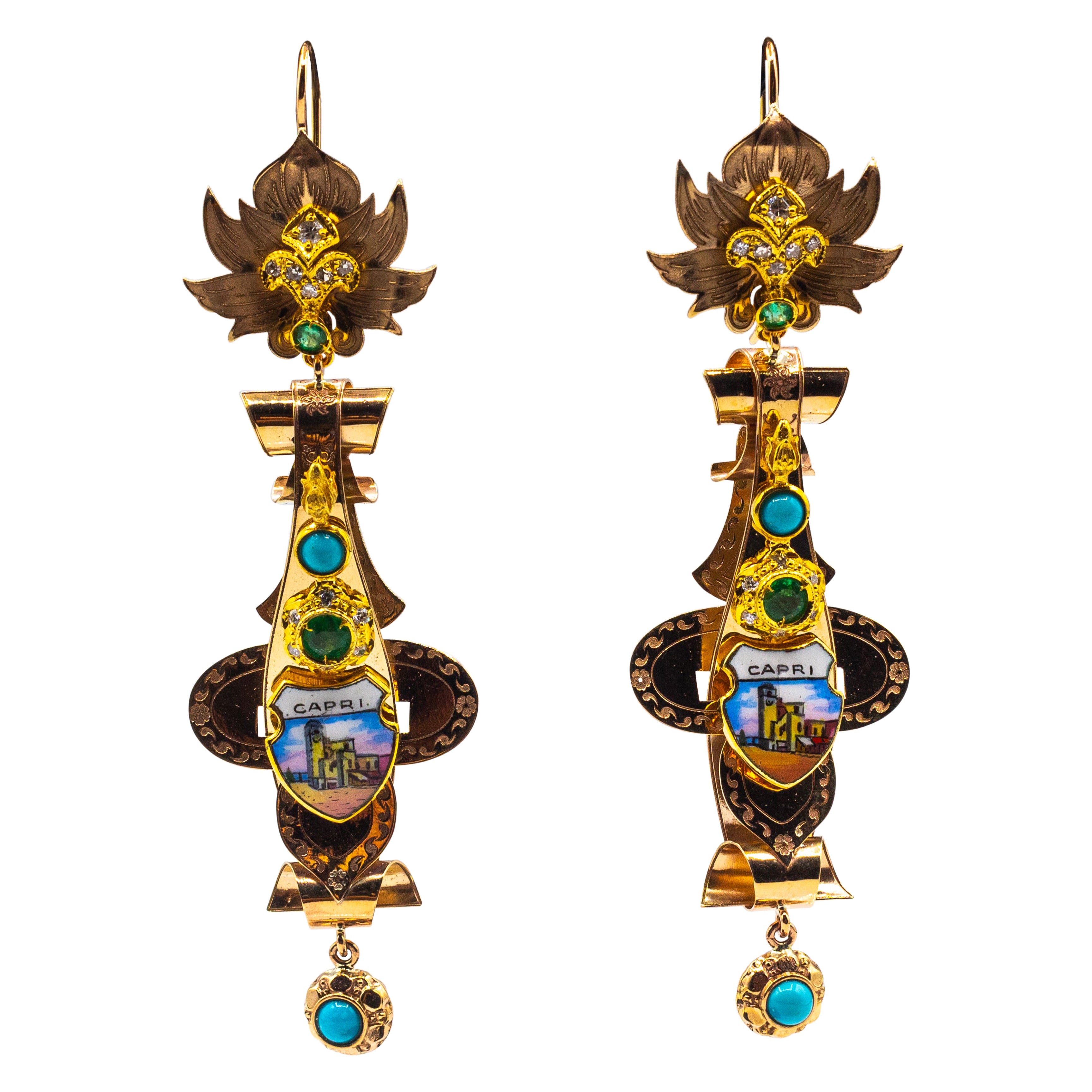 Boucles d'oreilles en goutte de style Art déco en or jaune avec diamants blancs, émeraudes et émail