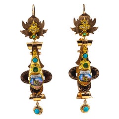 Boucles d'oreilles en goutte de style Art déco en or jaune avec diamants blancs, émeraudes et émail