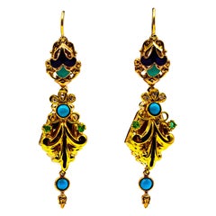 Orecchini a goccia in stile Art Deco in oro giallo con diamante bianco, smeraldo e turchese smaltato