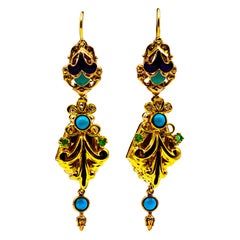Art Deco Style White Diamond Emerald Turquoise Enamel Yellow Gold Drop Earrings