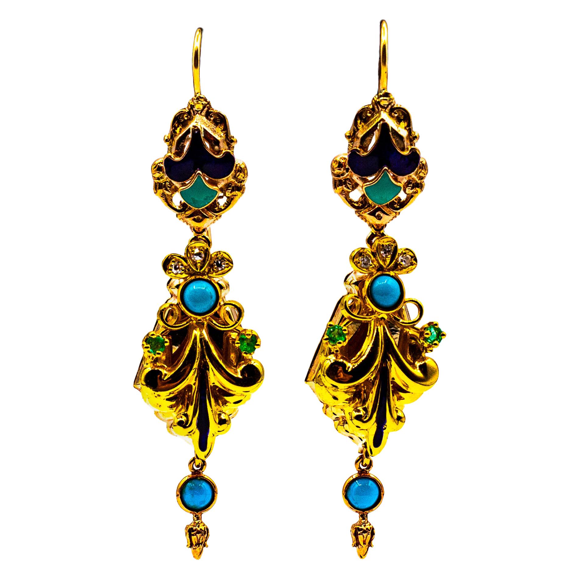 Art Deco Style White Diamond Emerald Turquoise Enamel Yellow Gold Drop Earrings For Sale