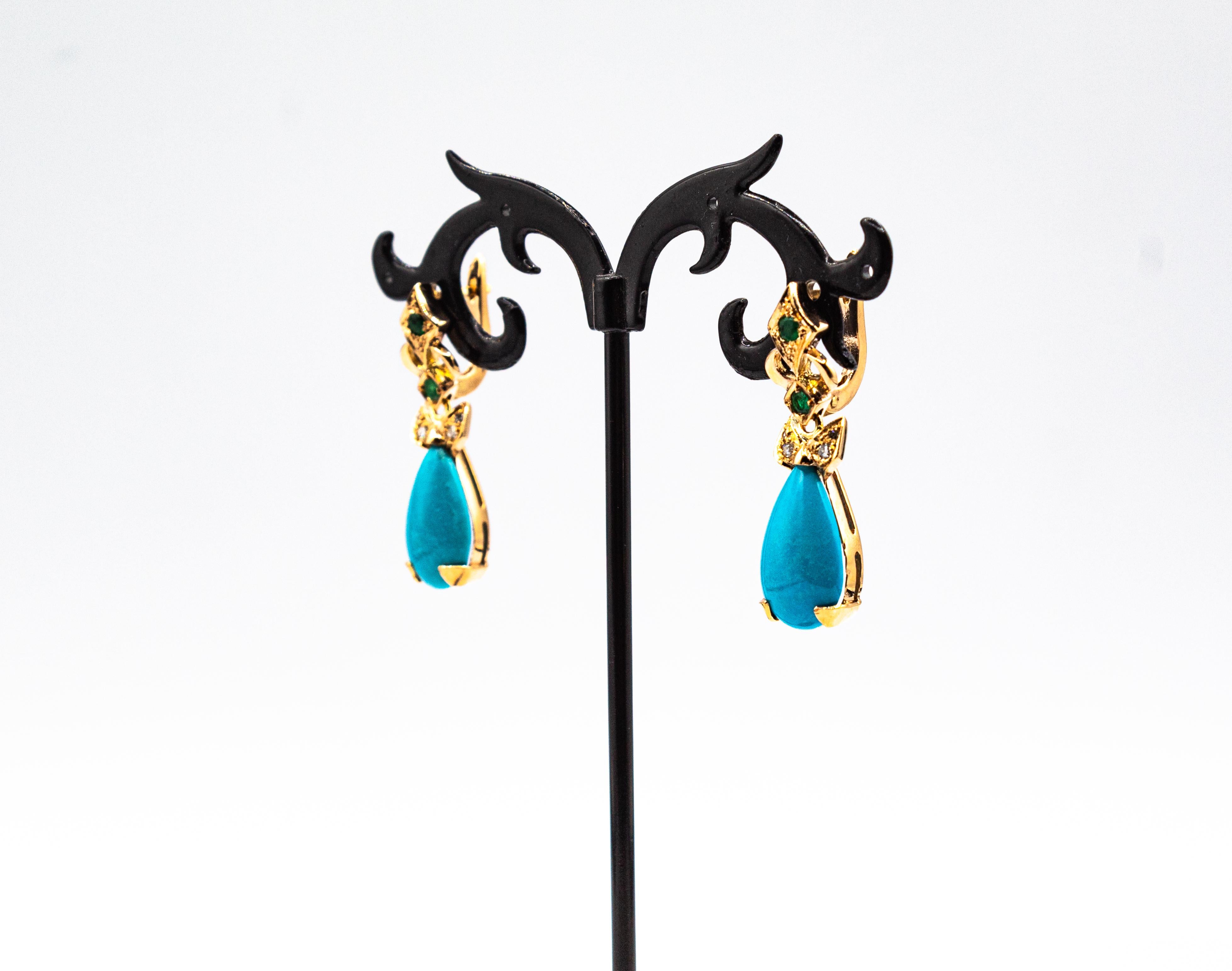 Ohrringe im Art-déco-Stil, weißer Diamant, Smaragd, Türkis, Gelbgold, Klappbrisur (Art déco) im Angebot