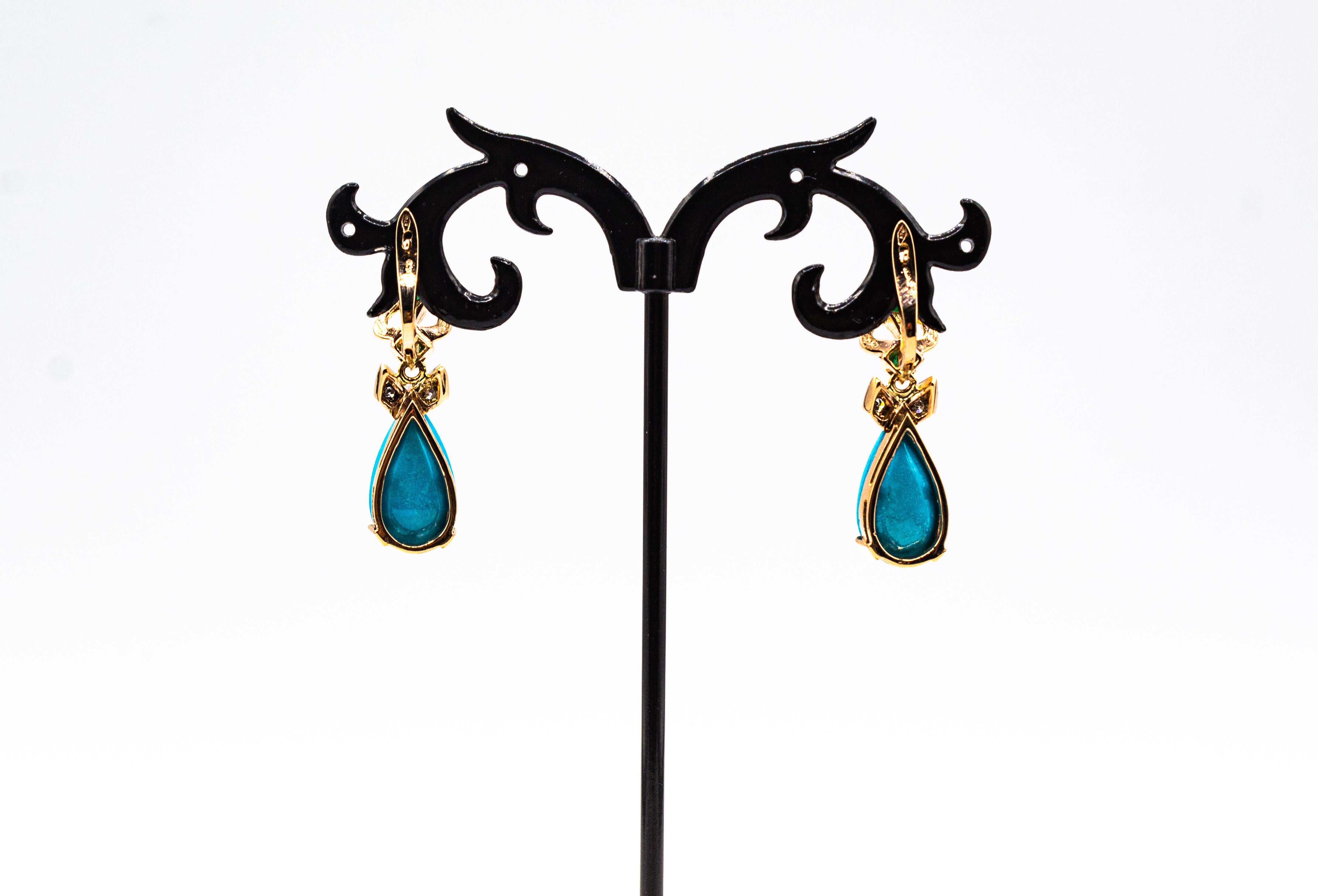 Pendientes de palanca de oro amarillo estilo art déco con diamante blanco esmeralda turquesa Corte redondo en venta